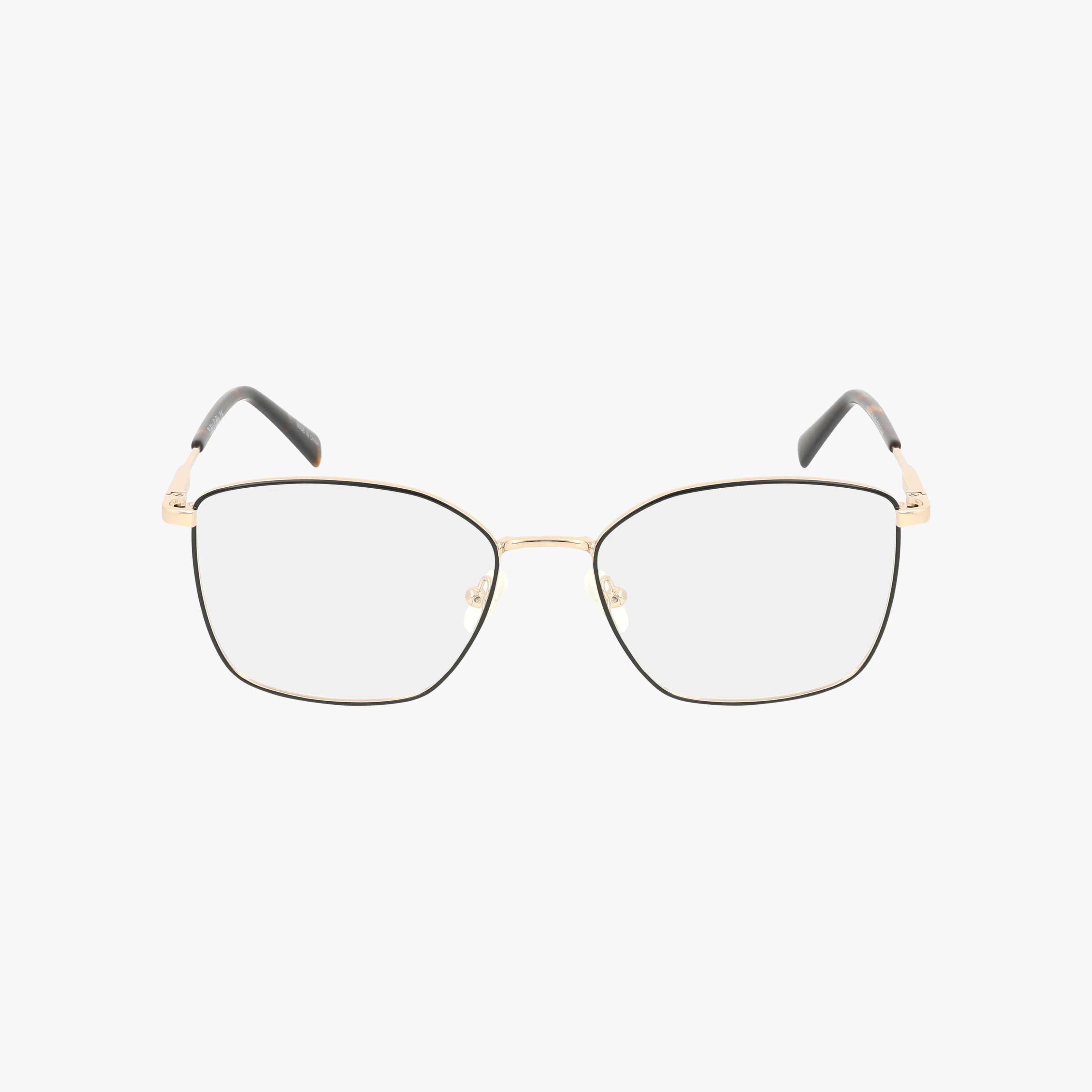The GOLDIE eyeglasses feature thin, gold, square metal frames with black temple tips, shown on a white background—a modern choice for a distinctive style.