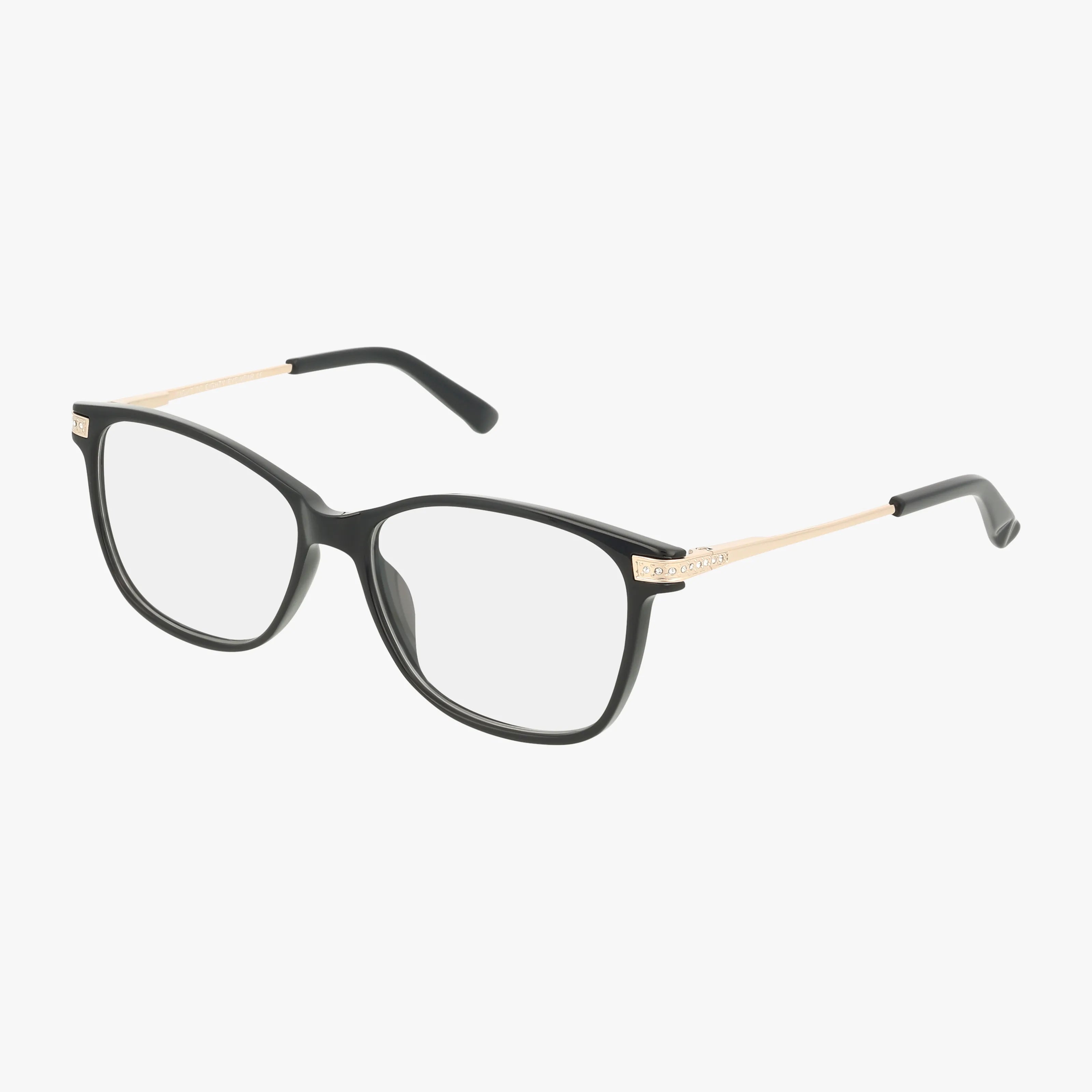 The BRIANNA eyeglasses feature a black rectangular frame with clear lenses, thin gold metal arms, and black curved temple tips, providing a timeless and classic look against a white background.
