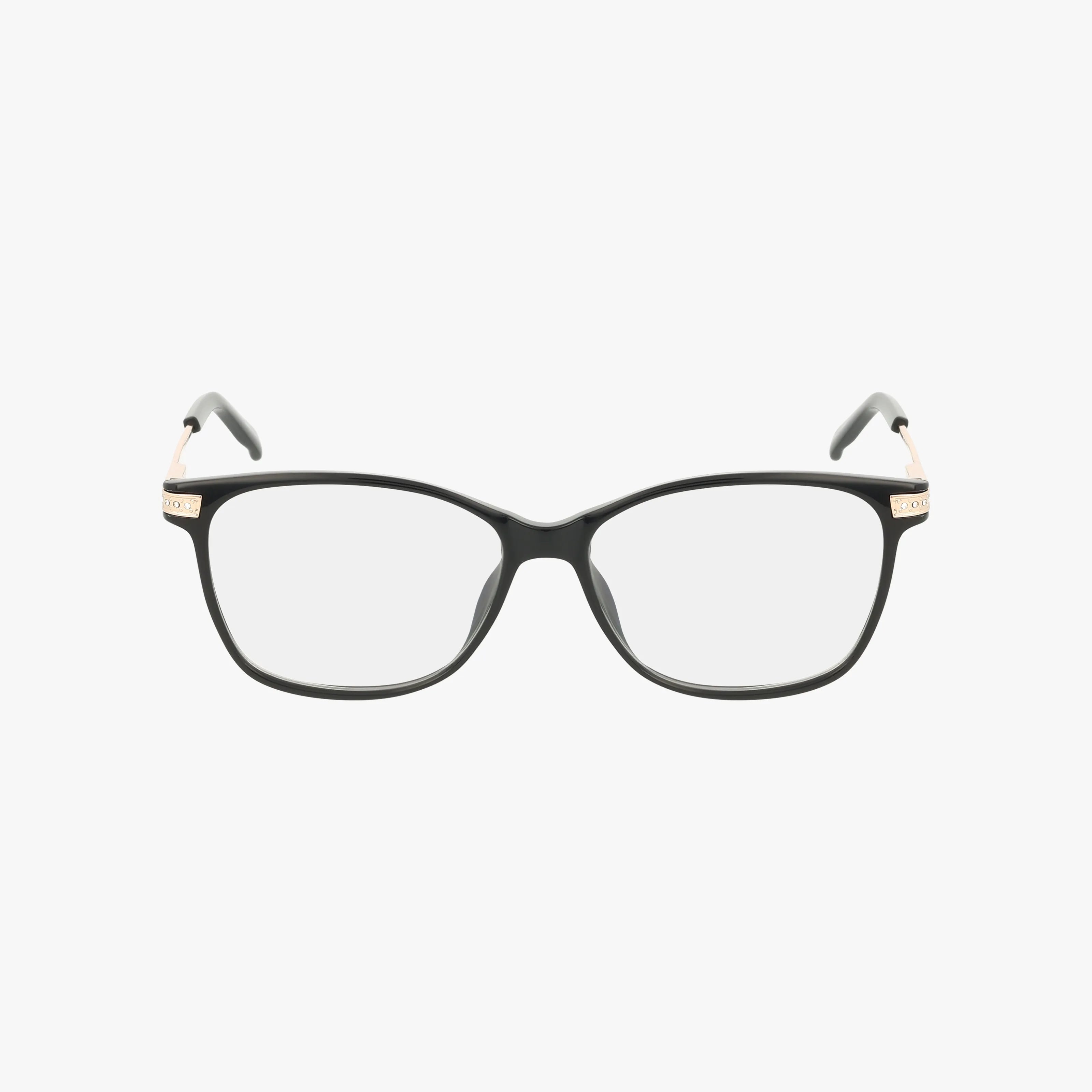The BRIANNA eyeglasses feature a black rectangular frame with clear lenses and gold-accented hinges, blending classic style with modern design, displayed against a white background.