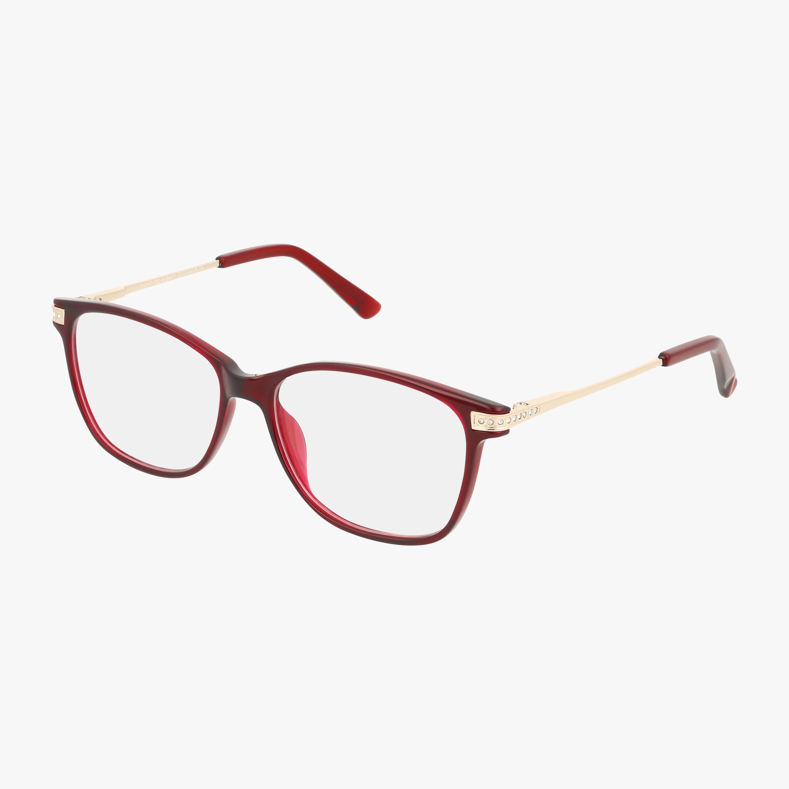 BRIANNA eyeglasses feature red square frames and gold metal temples, combining classic style with modern construction, shown against a white background.