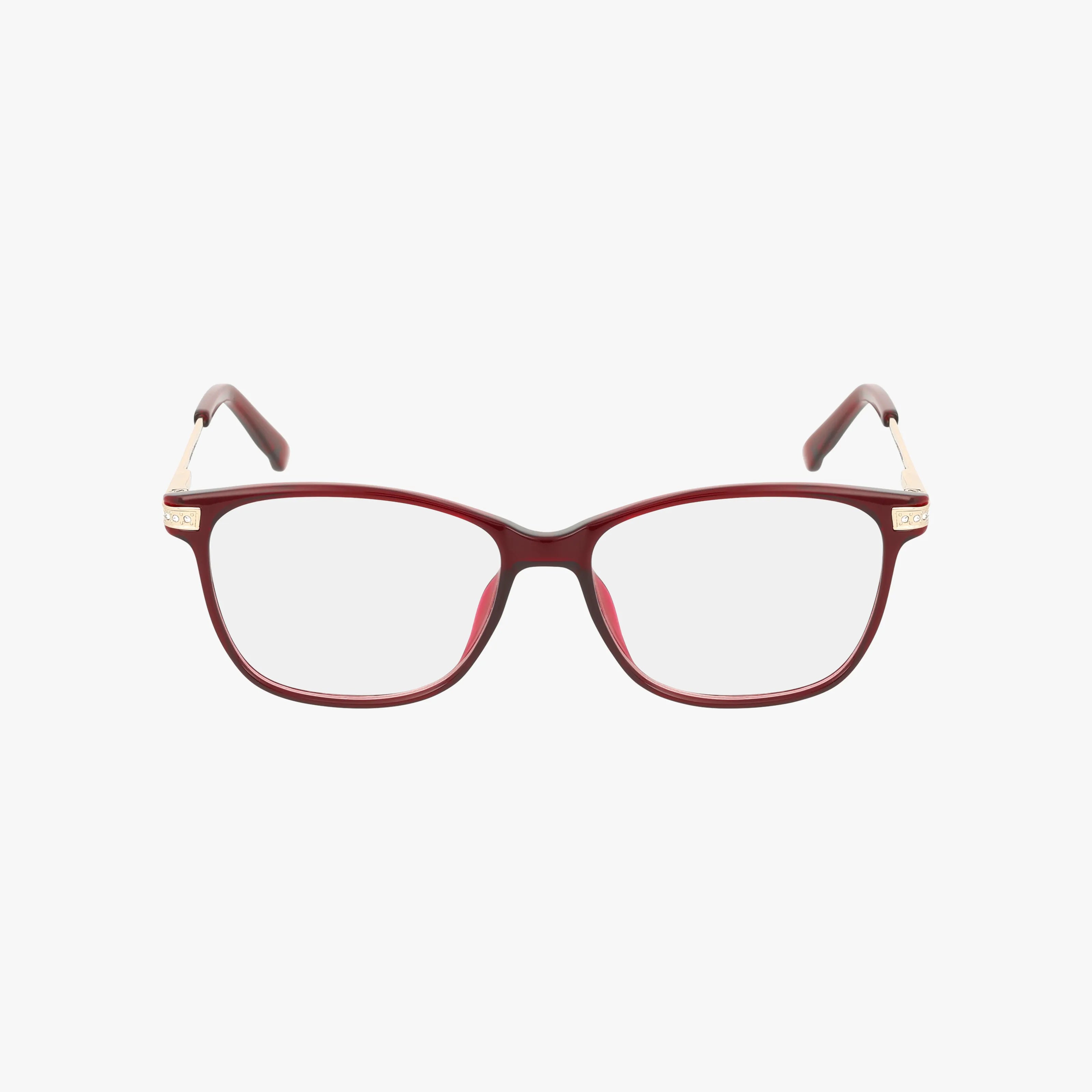 BRIANNA is a pair of rectangular eyeglasses featuring maroon frames with gold hinge accents, blending classic style and modern build, shown against a plain white background.
