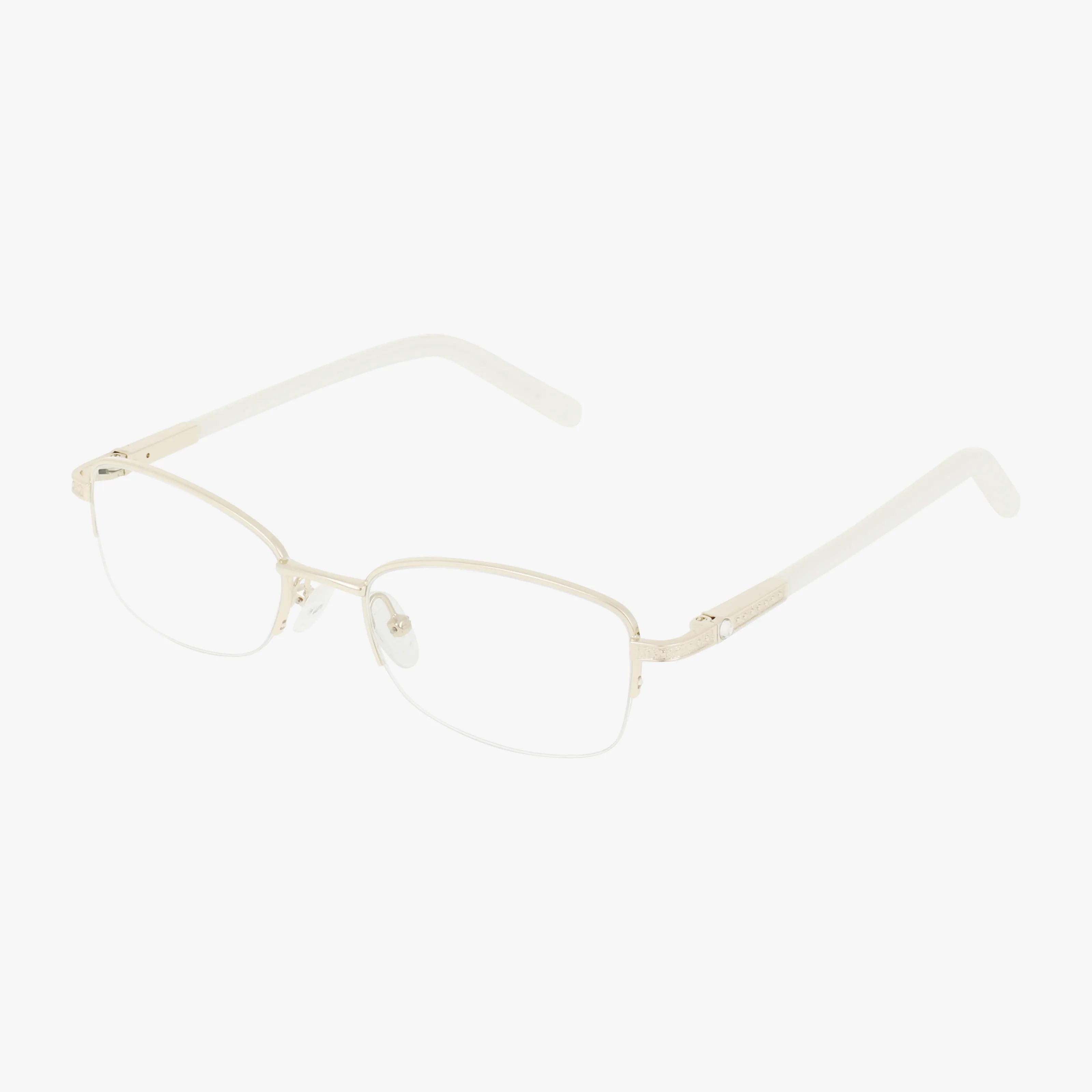 The BEA eyeglasses feature a bold rectangular gold metal frame, clear nose pads, and slim arms—delivering resilient style for everyday wear. Shown against a white background.