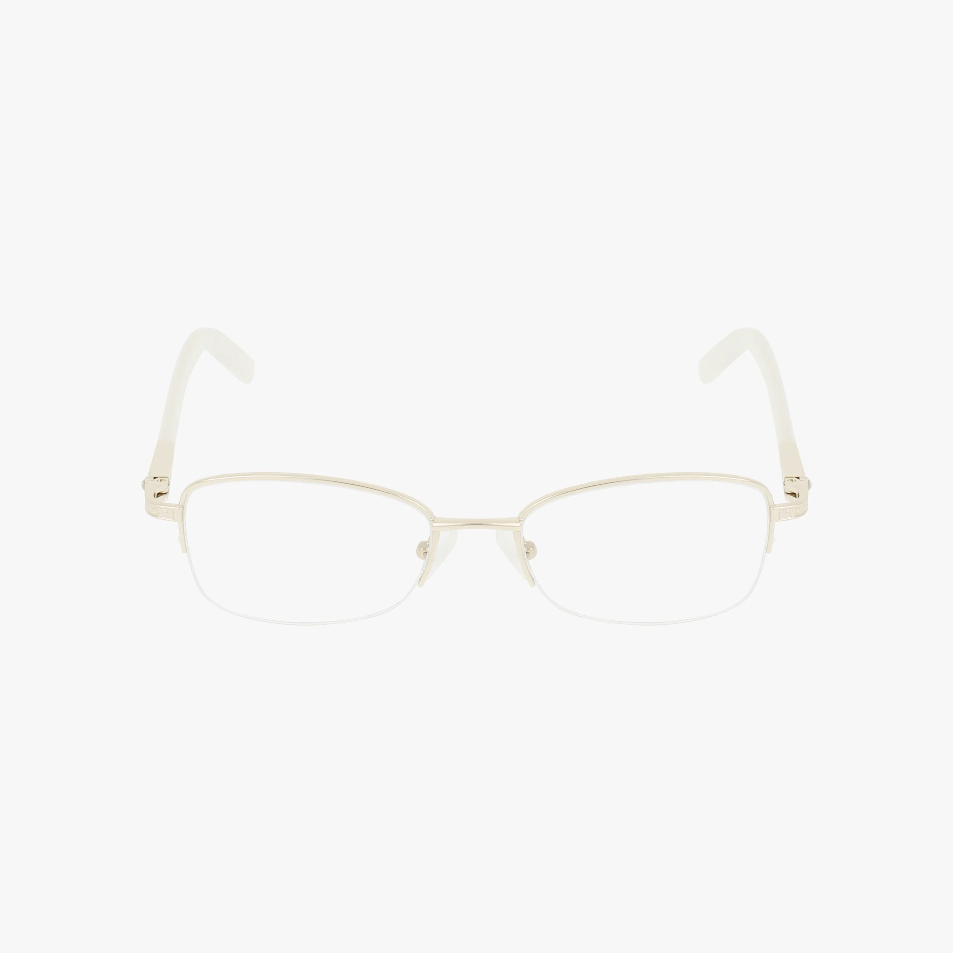 The BEA features silver, half-rimmed rectangular lenses and clear, subtly curved temple arms—resilient eyewear designed for everyday excellence, shown on a white background.