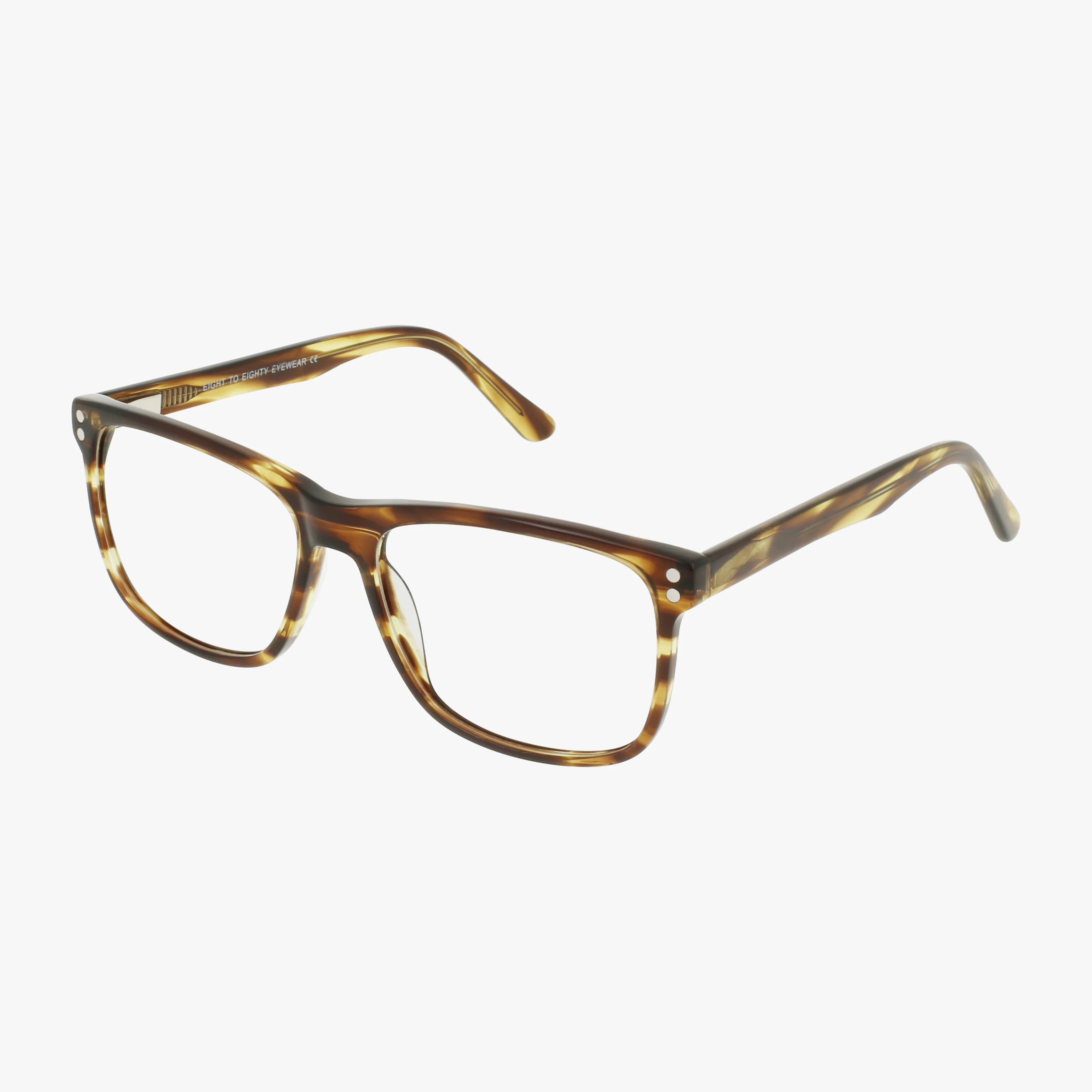CARLOS rectangular eyeglasses feature a tortoiseshell pattern, clear blue light lenses, durable frames, and slightly curved arms. Displayed as stylish eyewear against a plain white background.