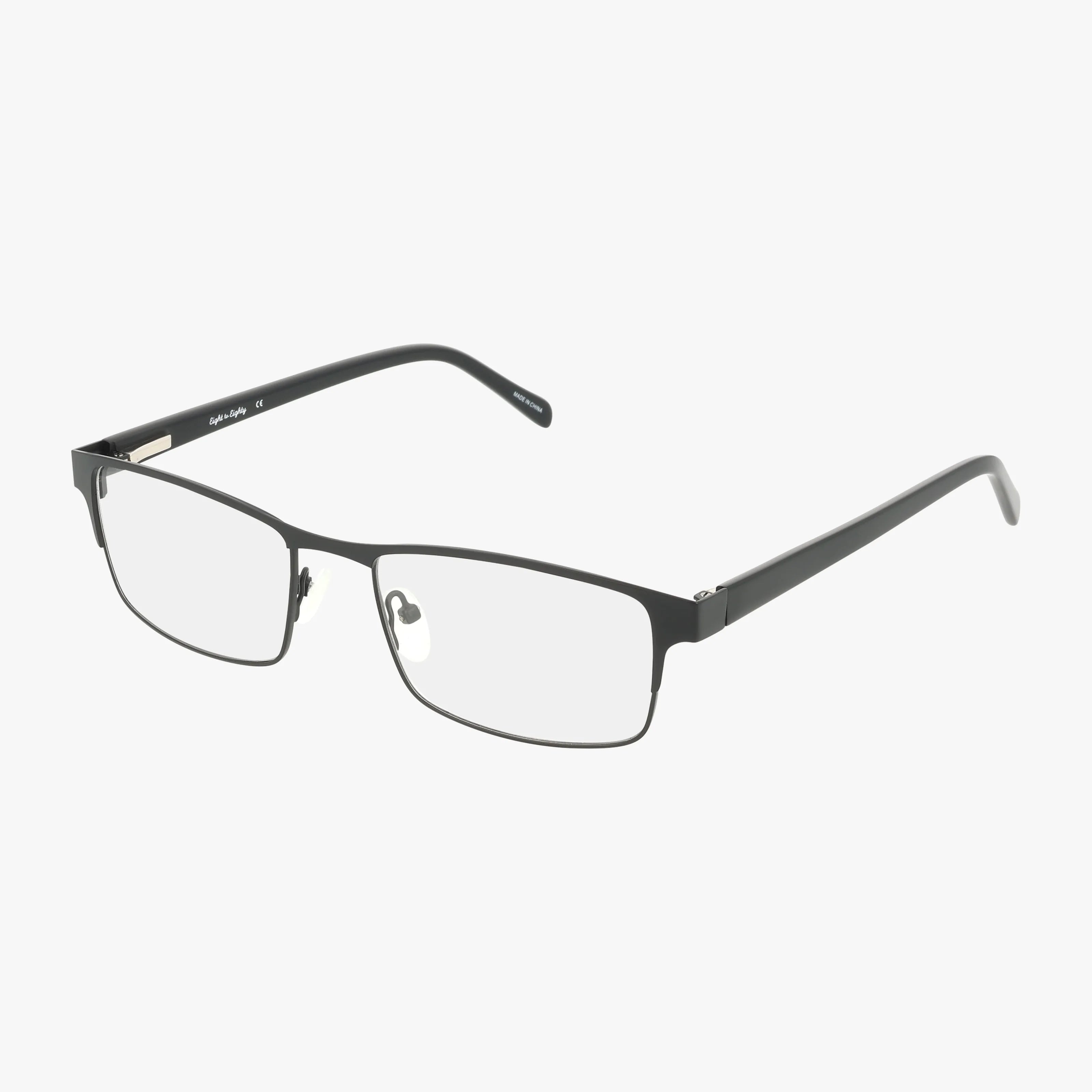 The CLASSY eyeglasses feature a luxurious rectangular black metal frame with clear lenses and thin arms, shown on a white background.