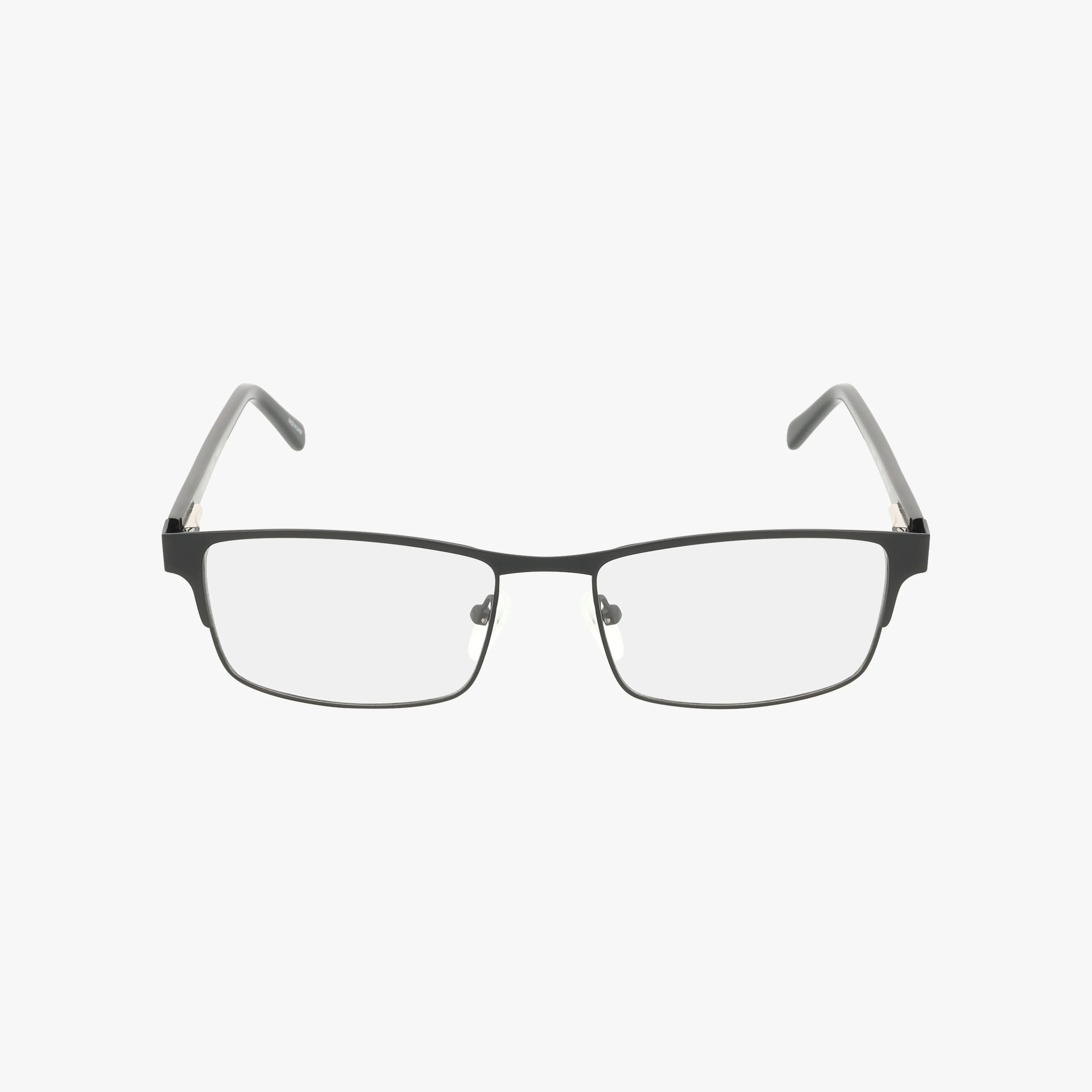 The CLASSY eyeglasses feature a rectangular black metal frame with clear lenses and slim transparent temple arms, combining quality craftsmanship and lasting comfort, showcased on a plain white background.