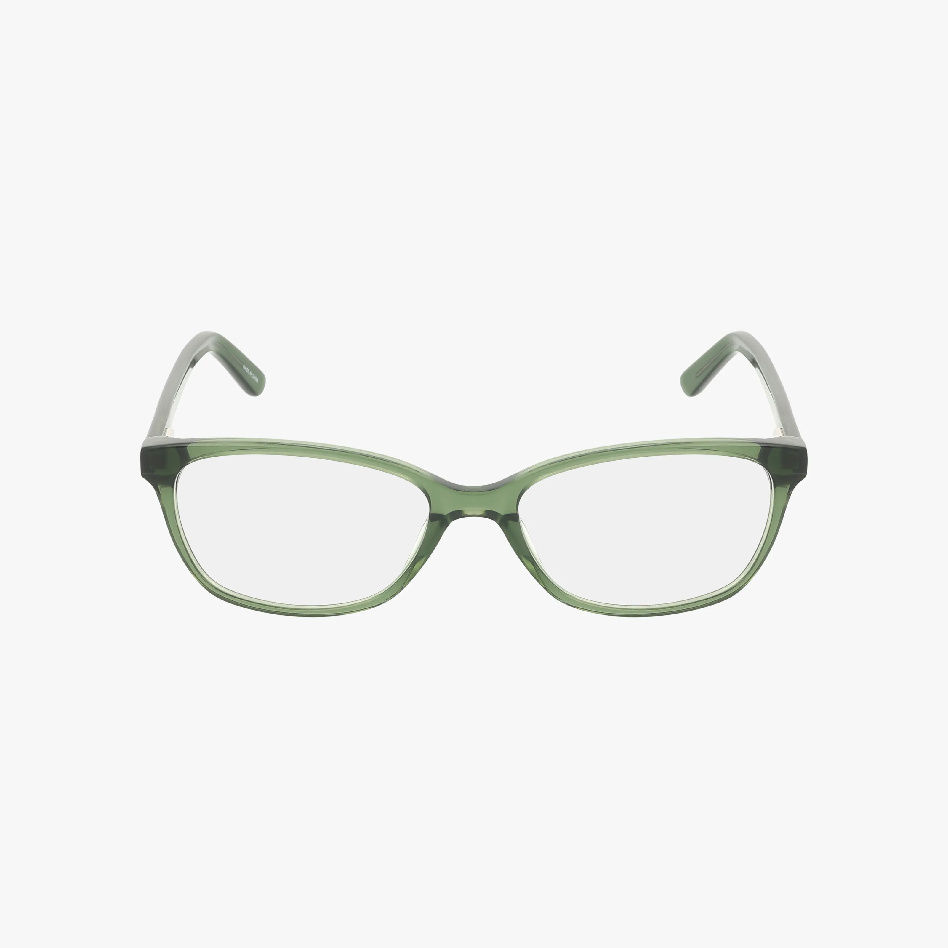 The JOY eyeglasses feature a unique green rectangular frame and clear lenses, displayed front-facing against a plain white background.