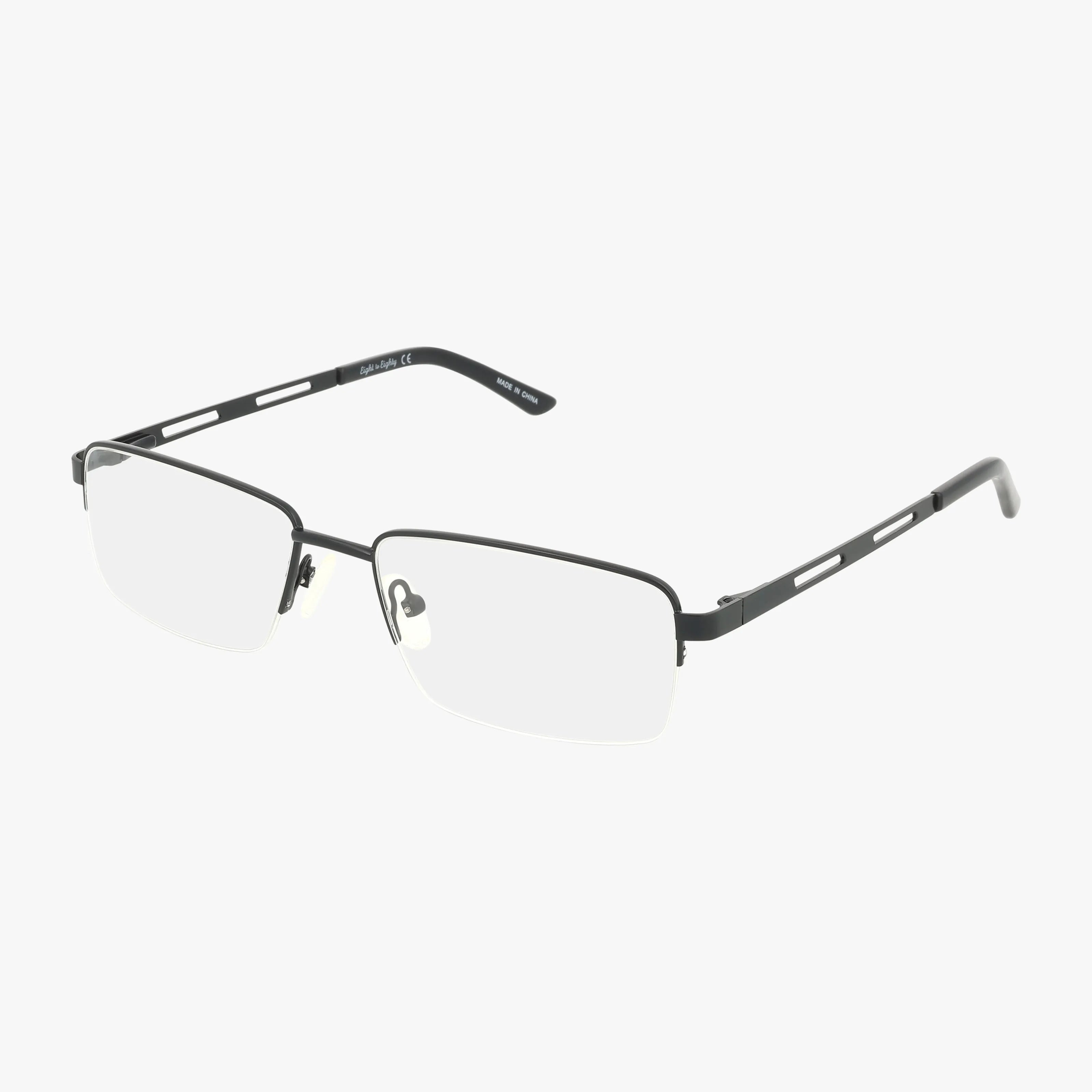 The NEW YORK eyeglasses feature a rectangular, rimless design with thin black metal frames and temples, clear nose pads, and partially open sides for lasting elegance, shown on a white background.