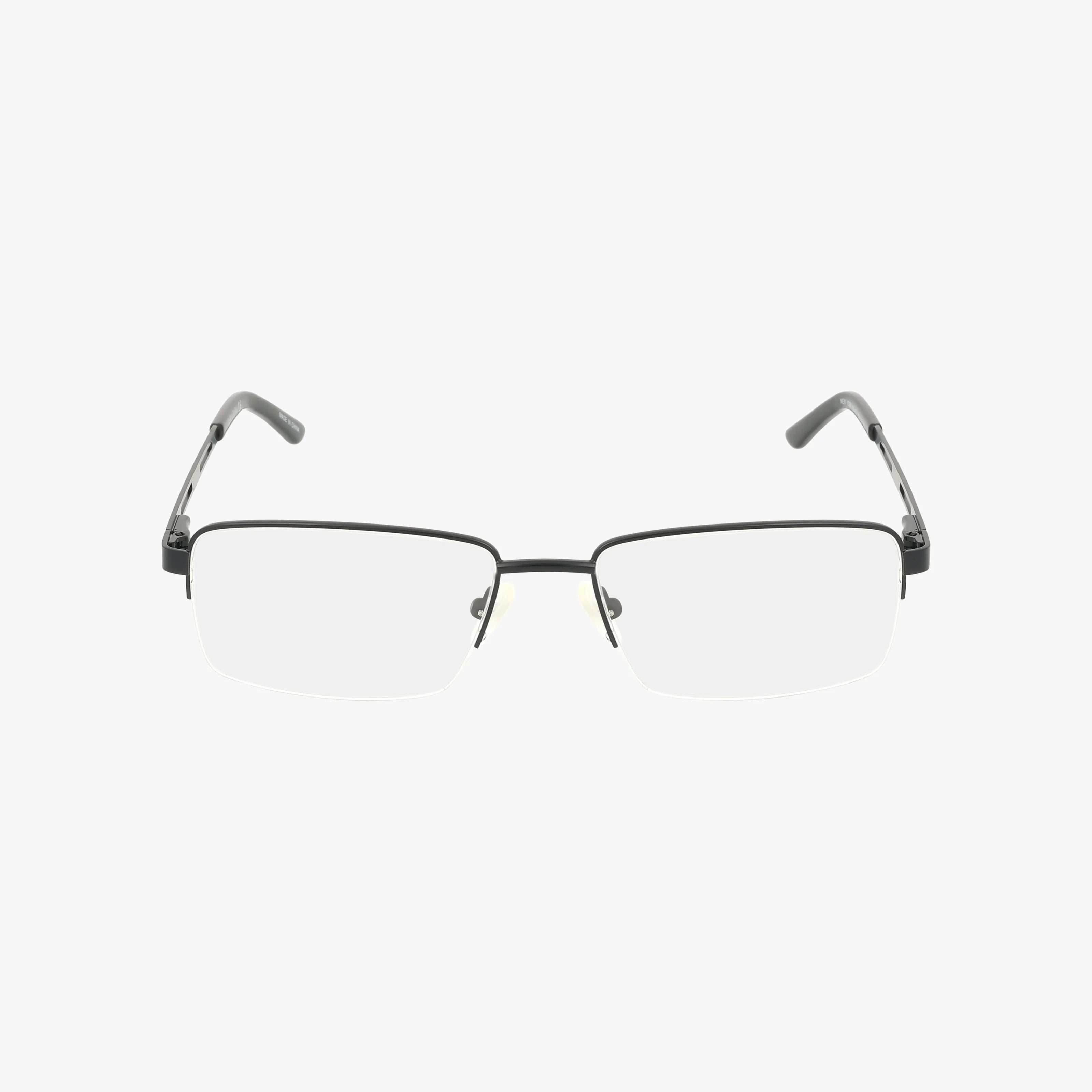 The NEW YORK eyeglasses feature a rectangular, rimless design with thin black arms and a subtle metallic bridge, offering timeless elegance against a plain white background.