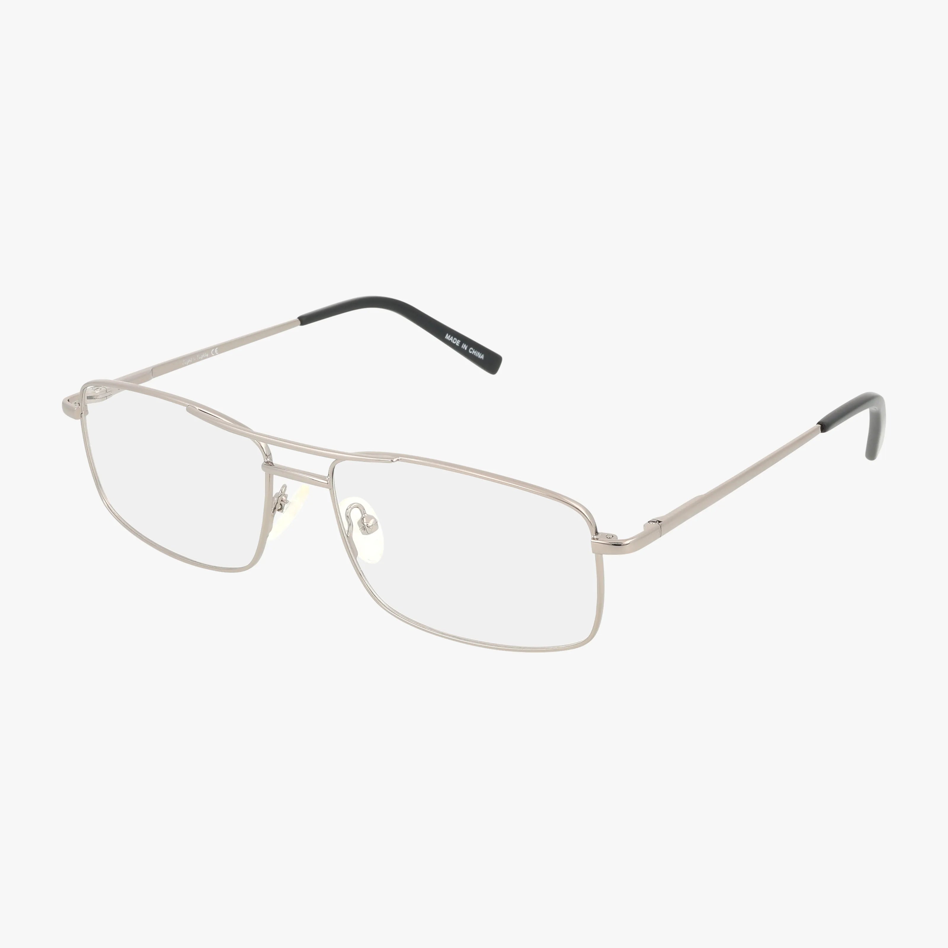 The TEXAS glasses feature a rectangular silver metal frame with clear lenses and black temple tips, showcased on a white background.