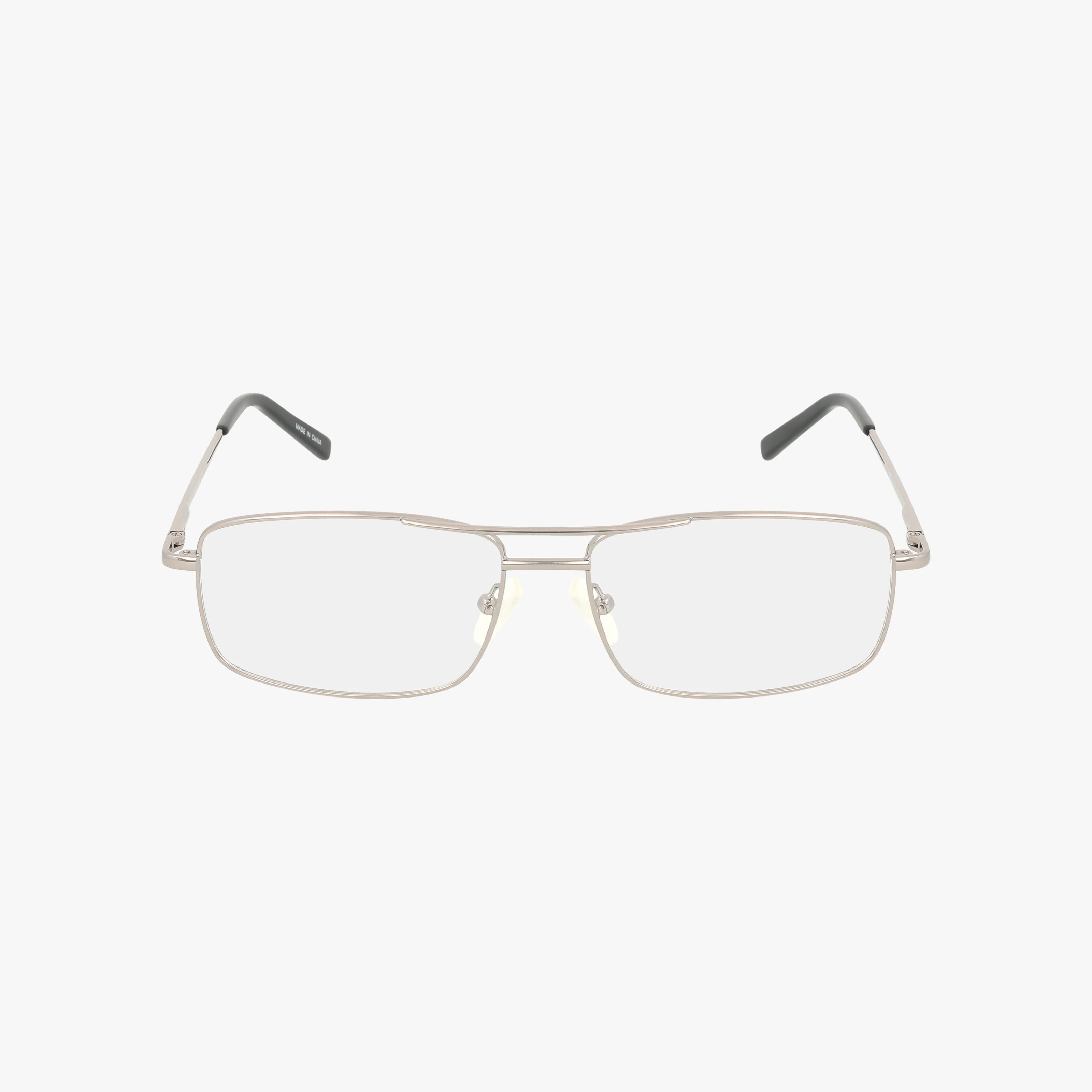 TEXAS eyeglasses feature a resilient rectangular metal frame with thin silver contours, clear lenses, and black plastic temple tips, displayed on a plain white background for a sleek, modern look. Enjoy your benefits online.