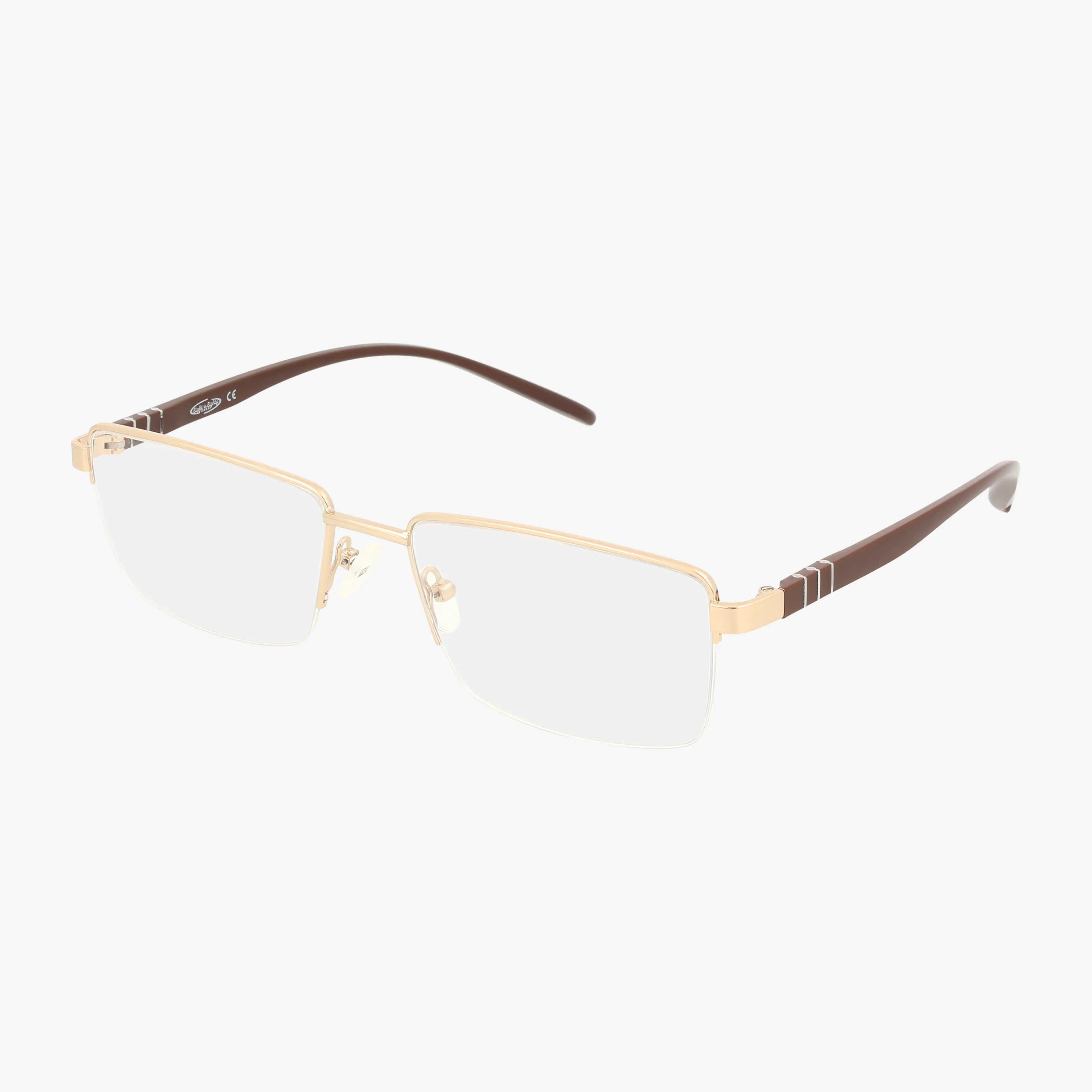 The WALTER eyeglasses feature a gold-rimmed rectangular frame with clear lenses and brown temple arms, offering a refined look, displayed on a white background.