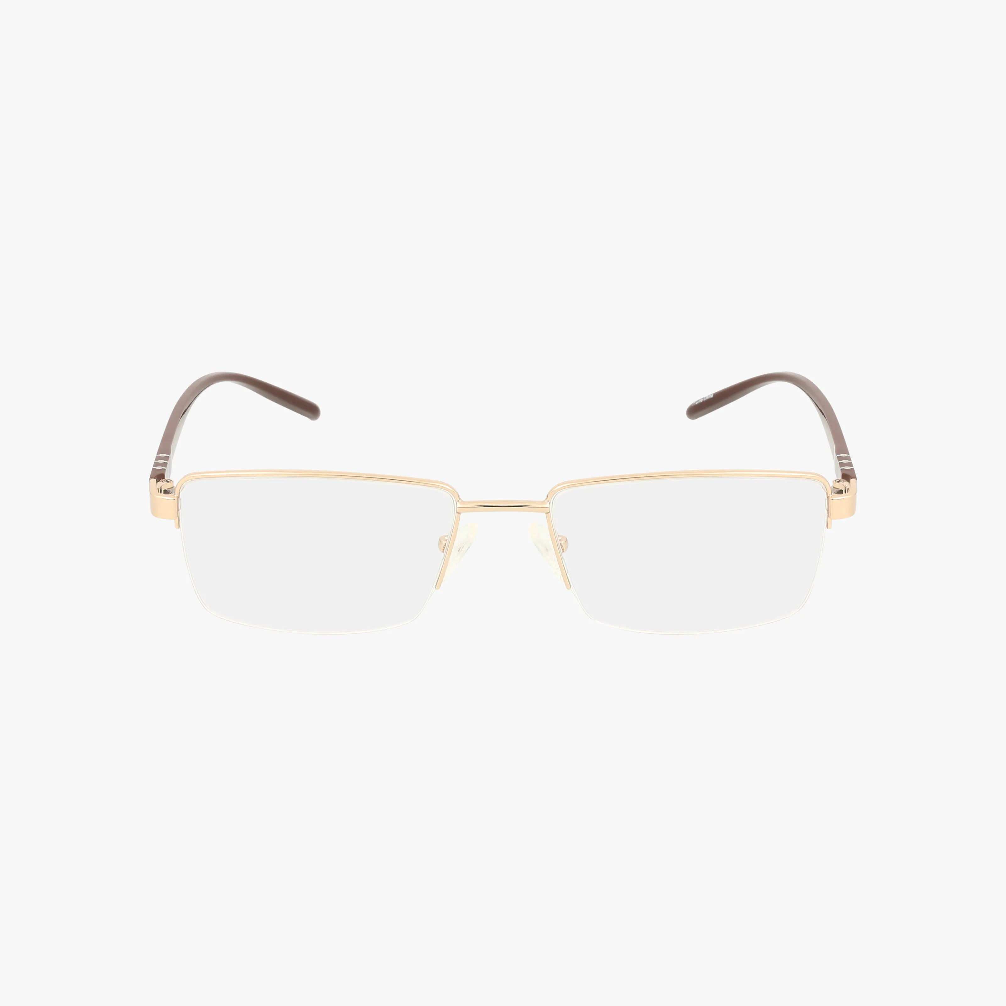 The WALTER features rectangular, rimless eyeglasses with thin gold metal arms and brown temple tips—an elegant frame designed for those seeking style and sophistication.