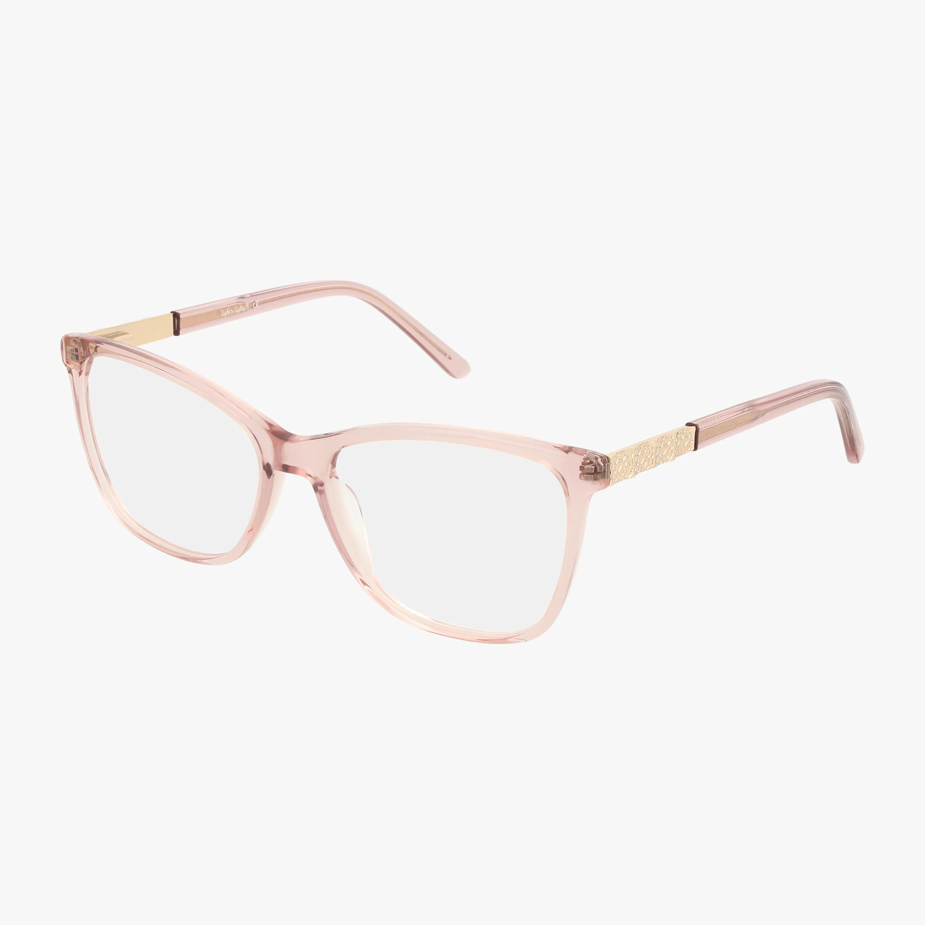 The NINA eyeglasses feature transparent pale pink frames, gold accents on the temples near the hinges, and clear lenses. Lightweight and stylish, they’re perfect for daily wear and shown here against a plain white background.