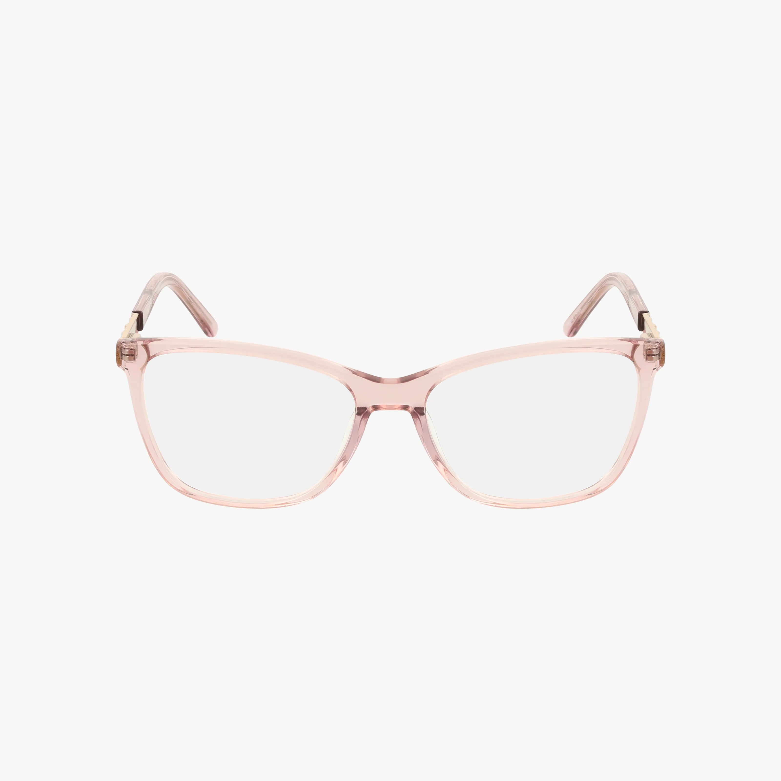 The NINA eyeglasses feature transparent light pink rectangular frames and clear lenses in a lightweight design, perfect for daily wear, displayed on a white background.