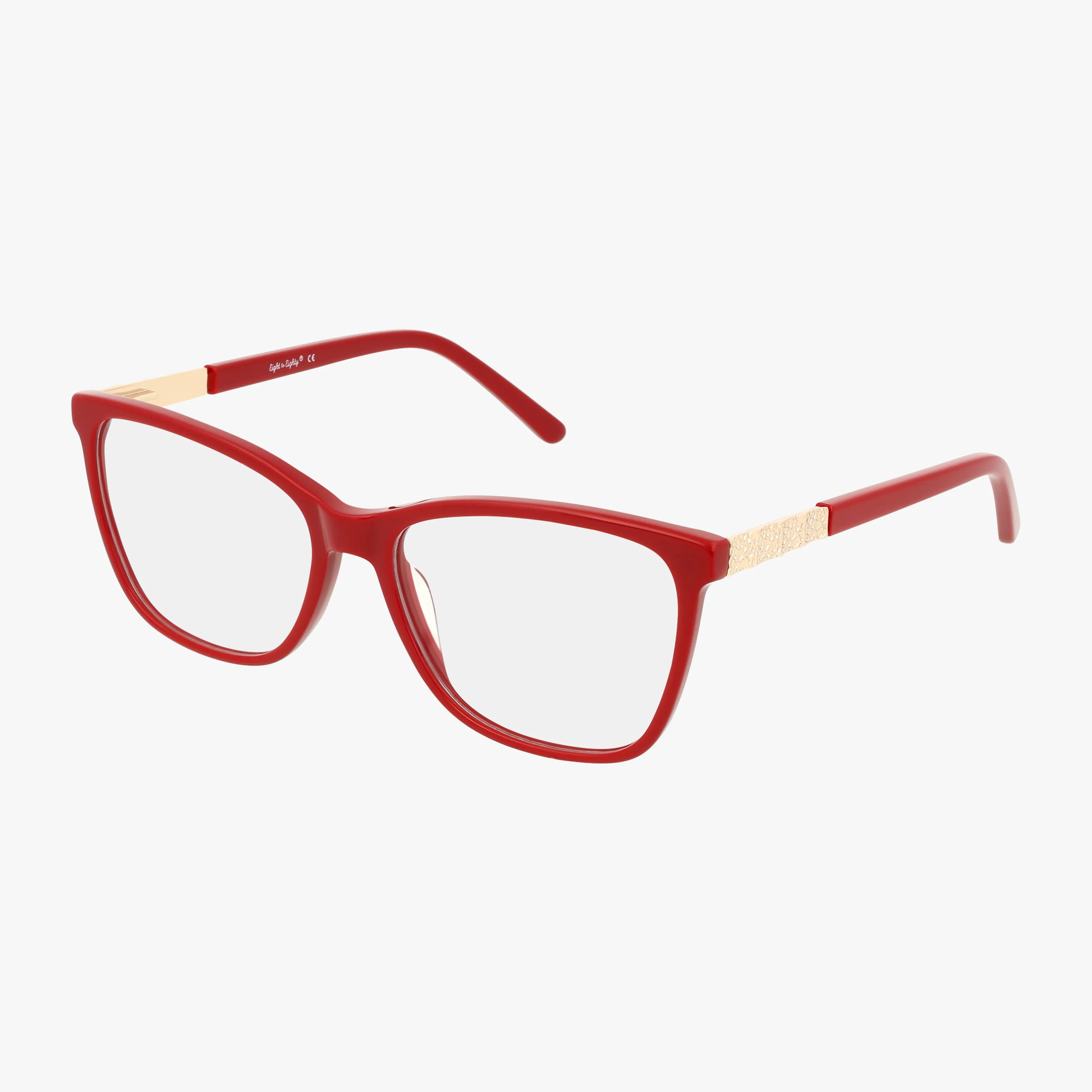NINA eyeglasses feature a lightweight red frame, square design, gold temple accents, and clear lenses—ideal for daily wear. Shown on a white background.