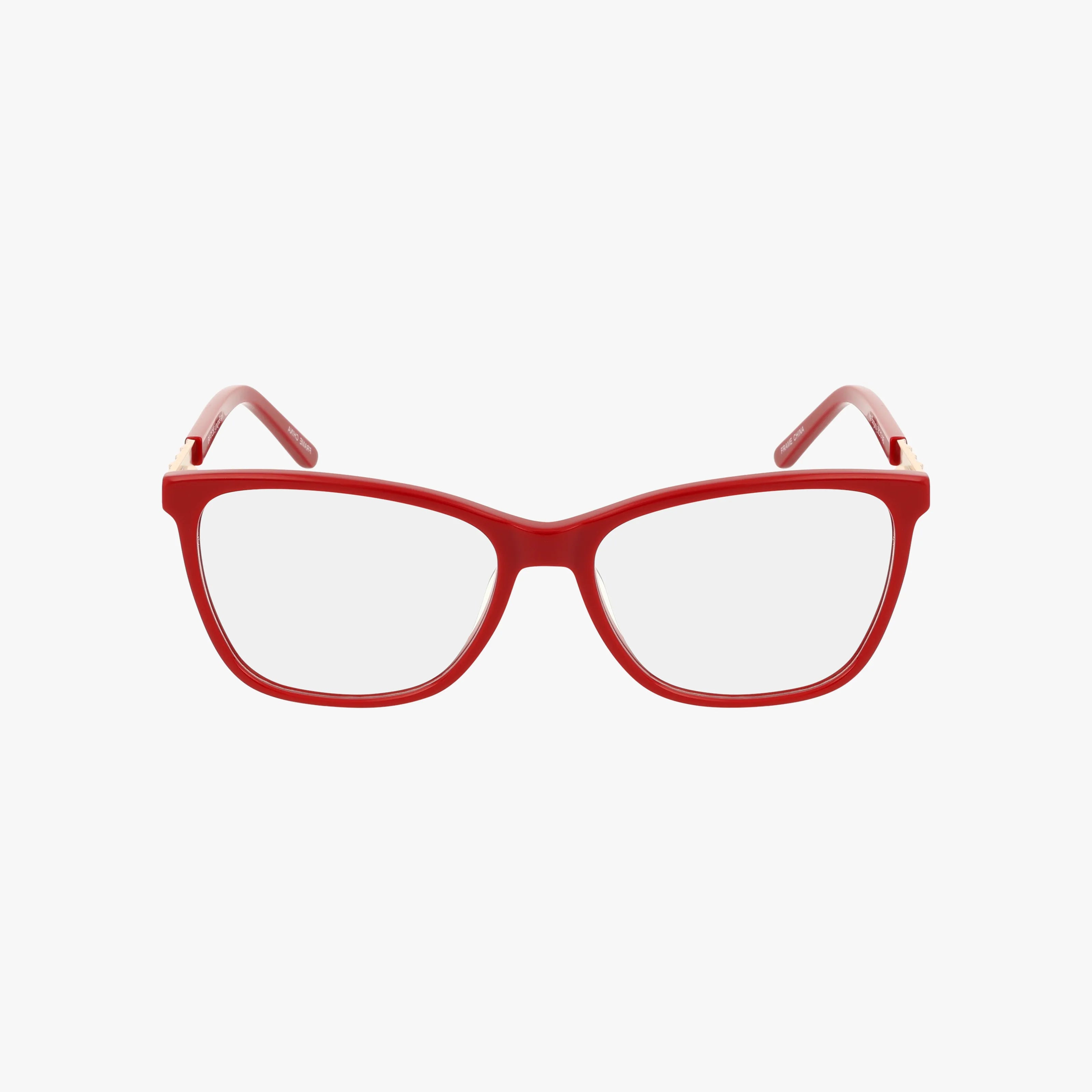 The NINA eyeglasses feature a red rectangular frame with clear lenses and a lightweight design, ideal for daily wear, displayed front-facing on a plain white background.