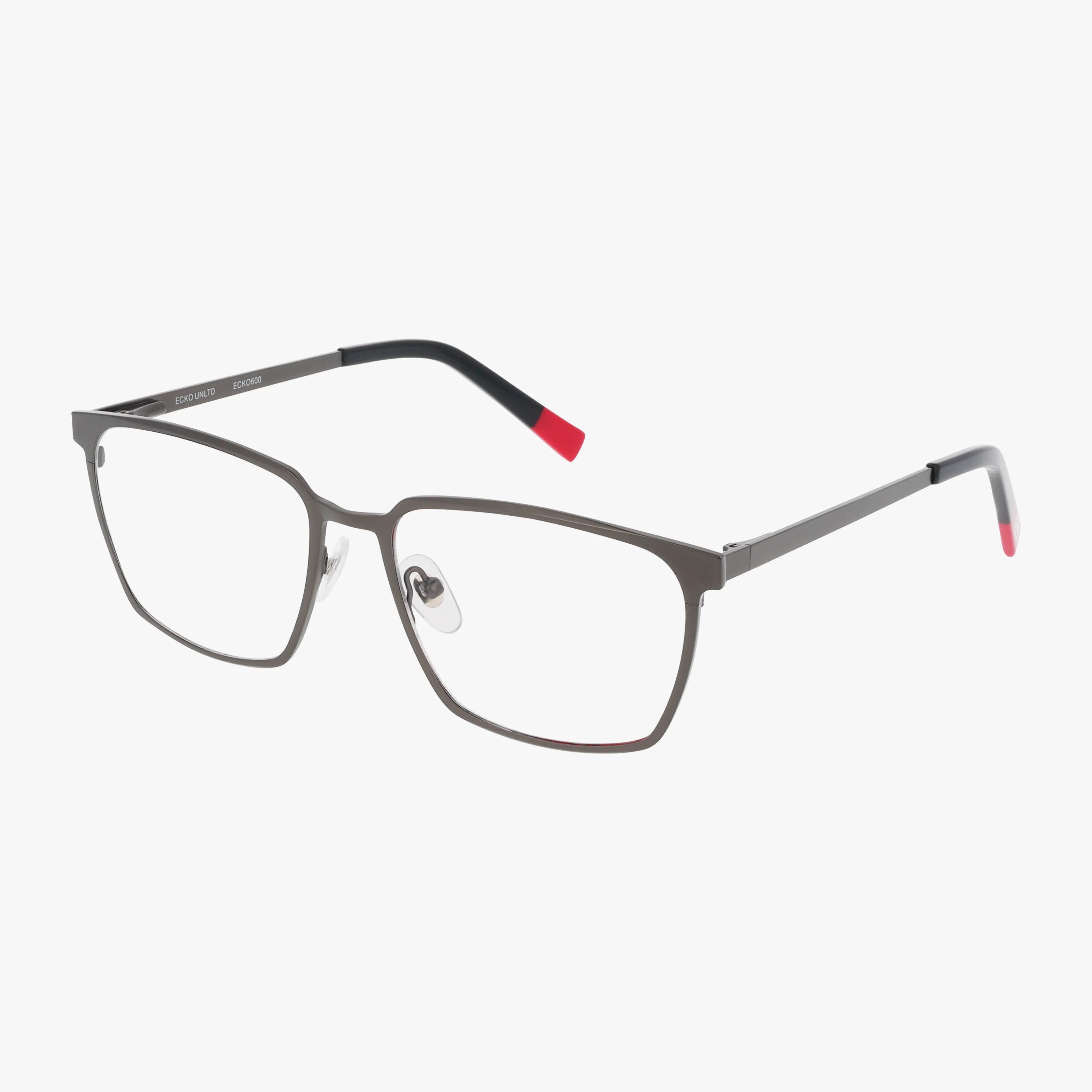 The ECKO600 features a classic rectangular metal frame in thin dark gray, clear lenses, adjustable nose pads, and straight arms with red tips. Shown on a plain white background.