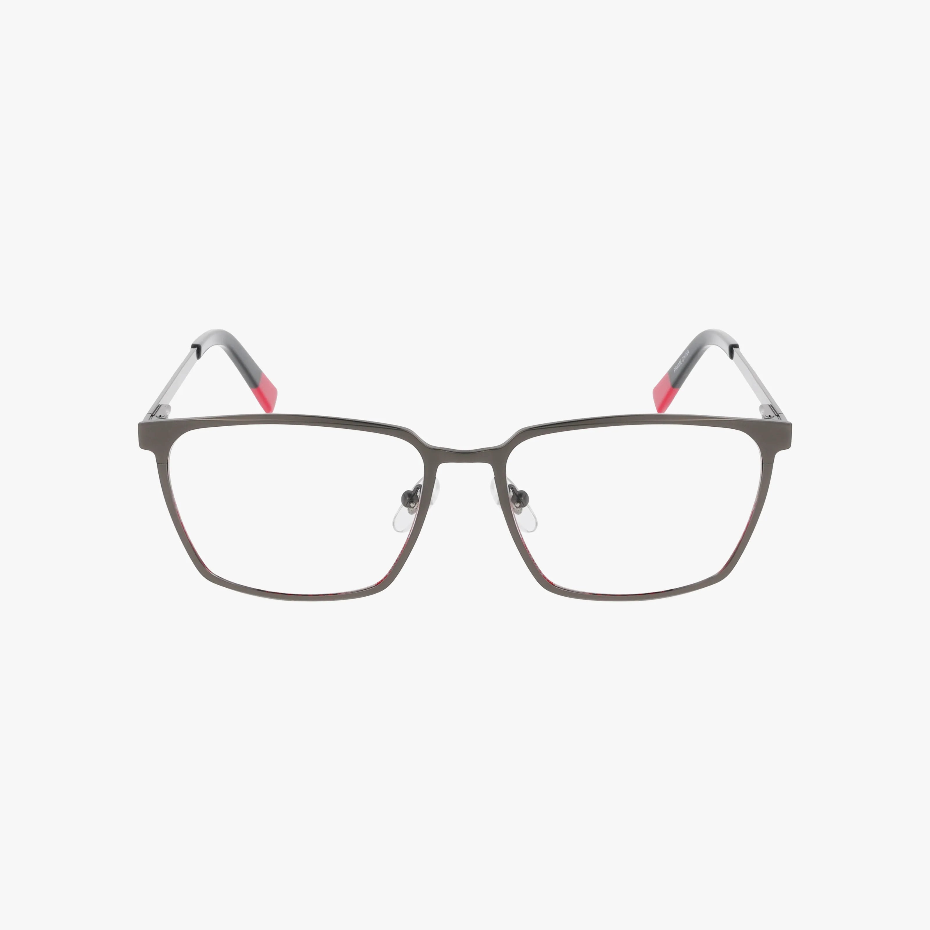 Front view of ECKO600 rectangular eyeglasses with a thin, dark metal frame and translucent temples with pink-tipped accents, showcasing stylish eyewear on a plain white background.