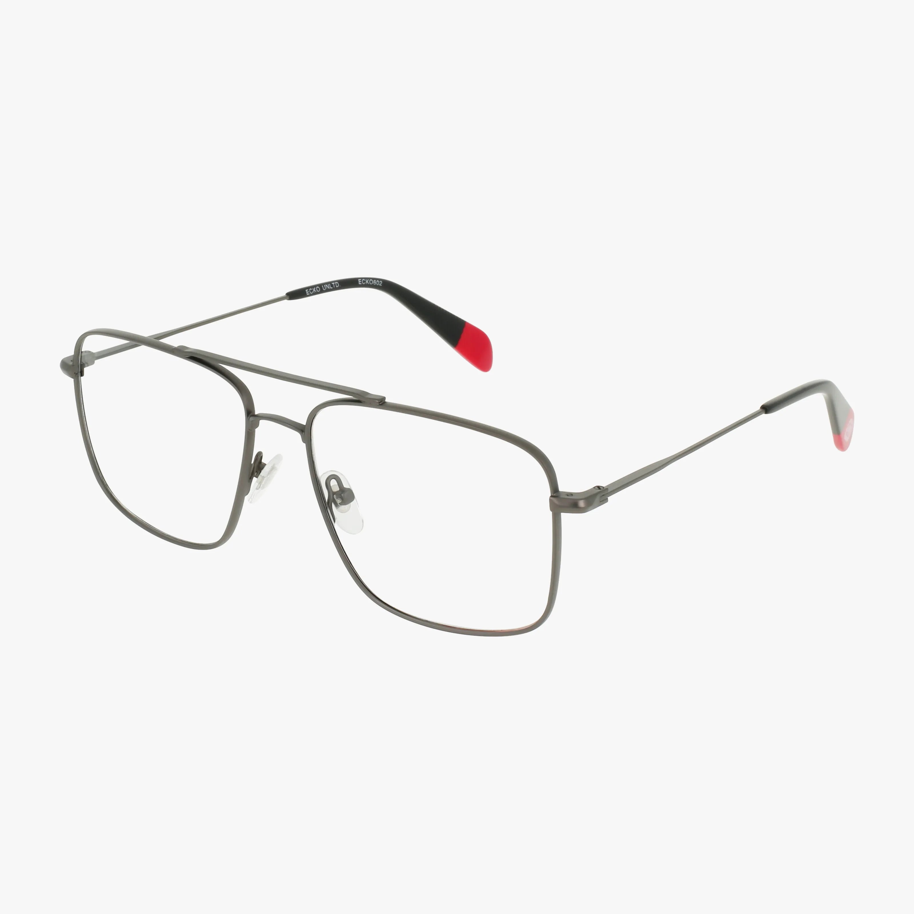 The ECKO602 features rectangular metal eyeglasses with thin silver frames, clear lenses, adjustable nose pads, and black temple arms with red tips—displayed on a white background for a stylish look.