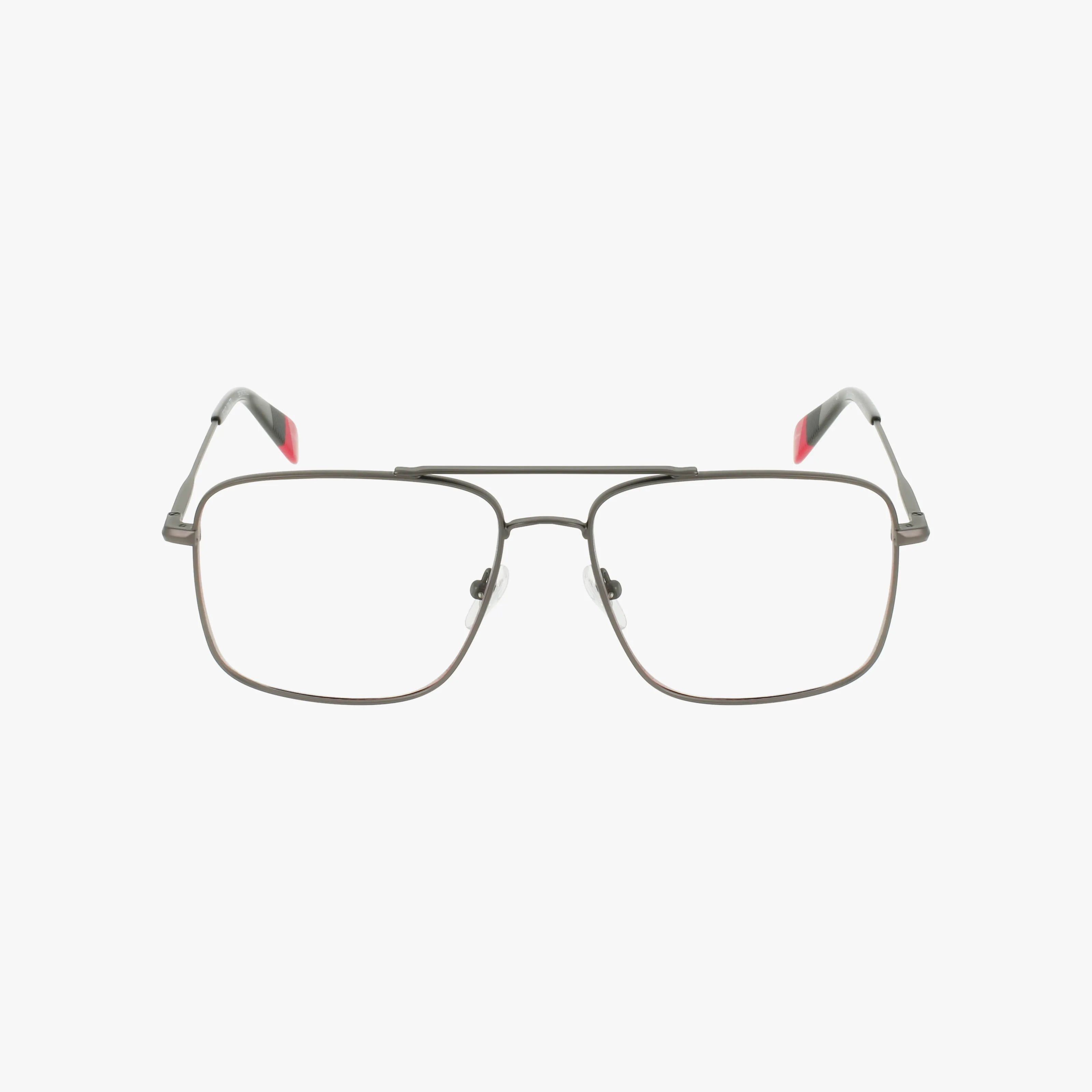 The ECKO602 features rectangular, durable eyeglass frames with a double bridge design. Metal temples have black tips with red accents, creating stylish eyewear that stands out against a plain white background.