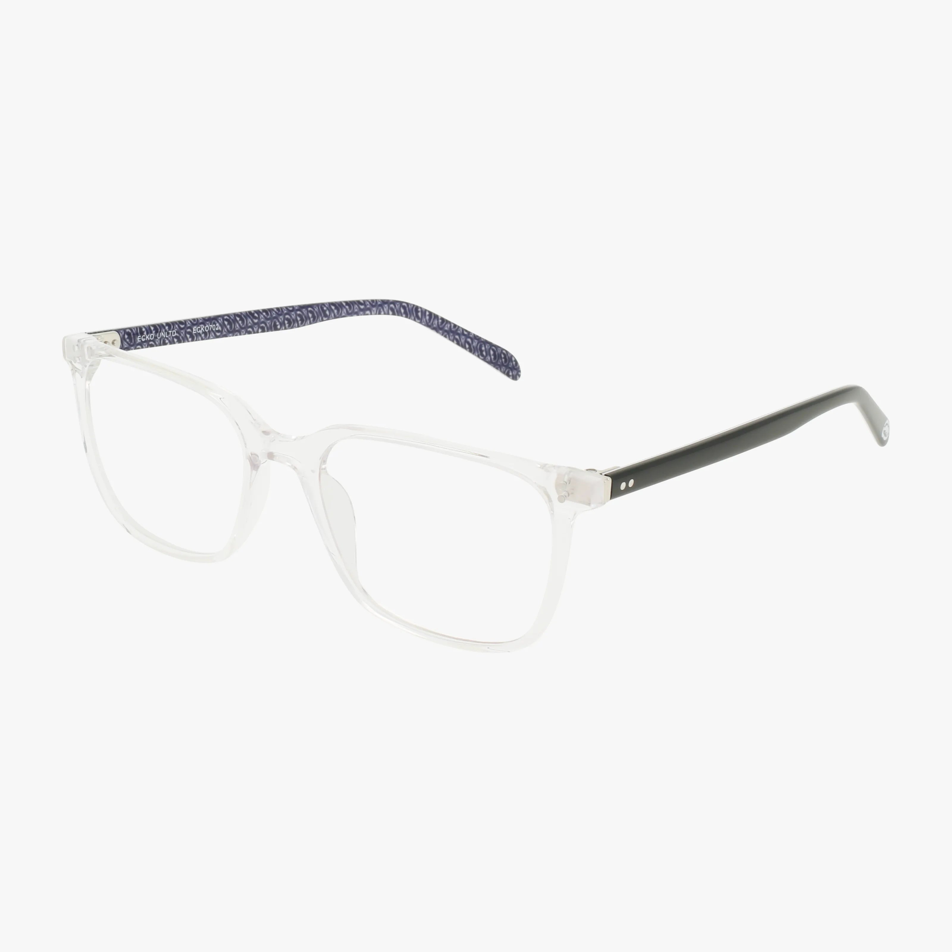 The ECKO702 is a clear rectangular refined eyeglass frame featuring a transparent front, black left temple, and dark blue textured right temple, shown on a white background.