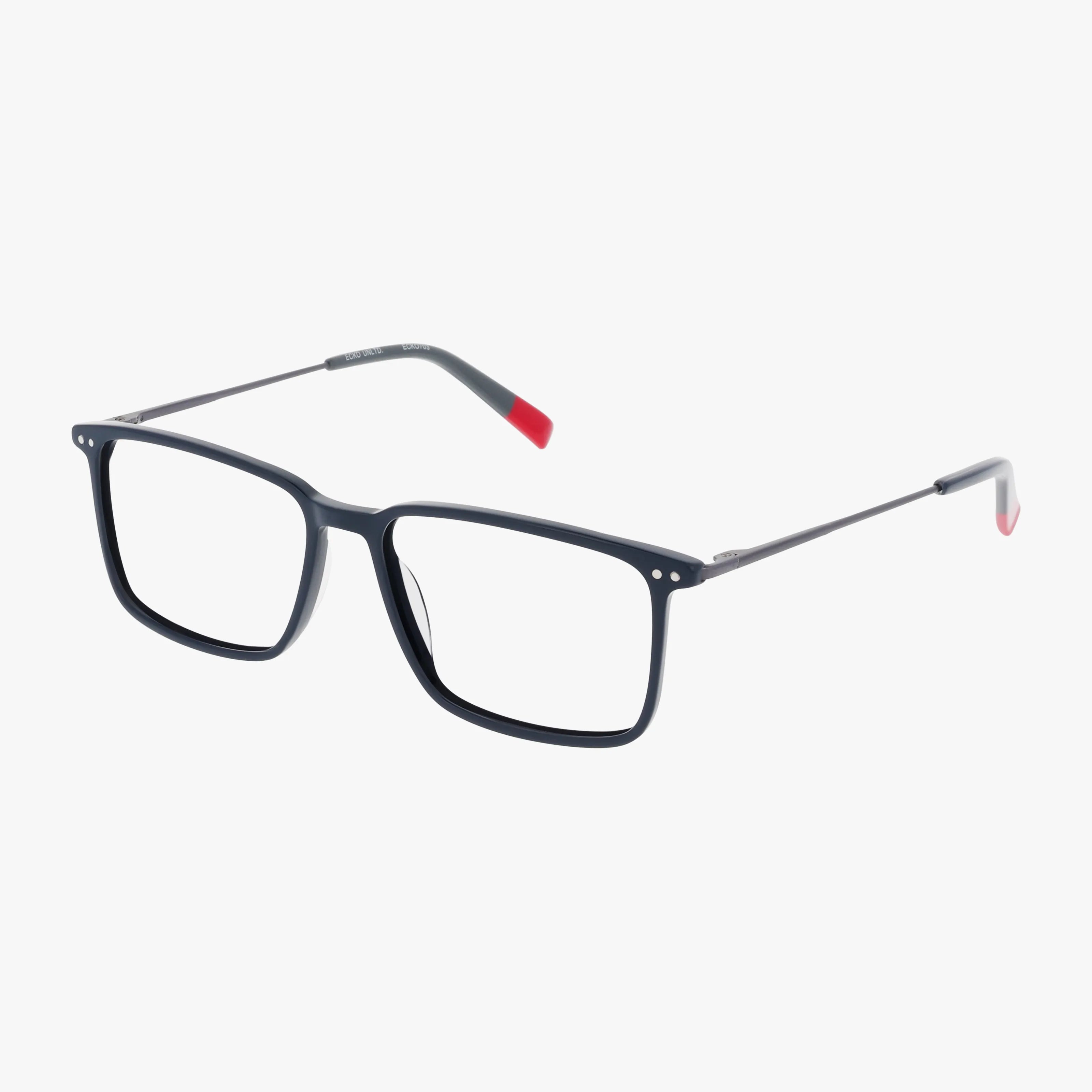 The ECKO703 features black rectangular frames with thin, stylish design and distinctive red tips on the arms, showcased on a white background.