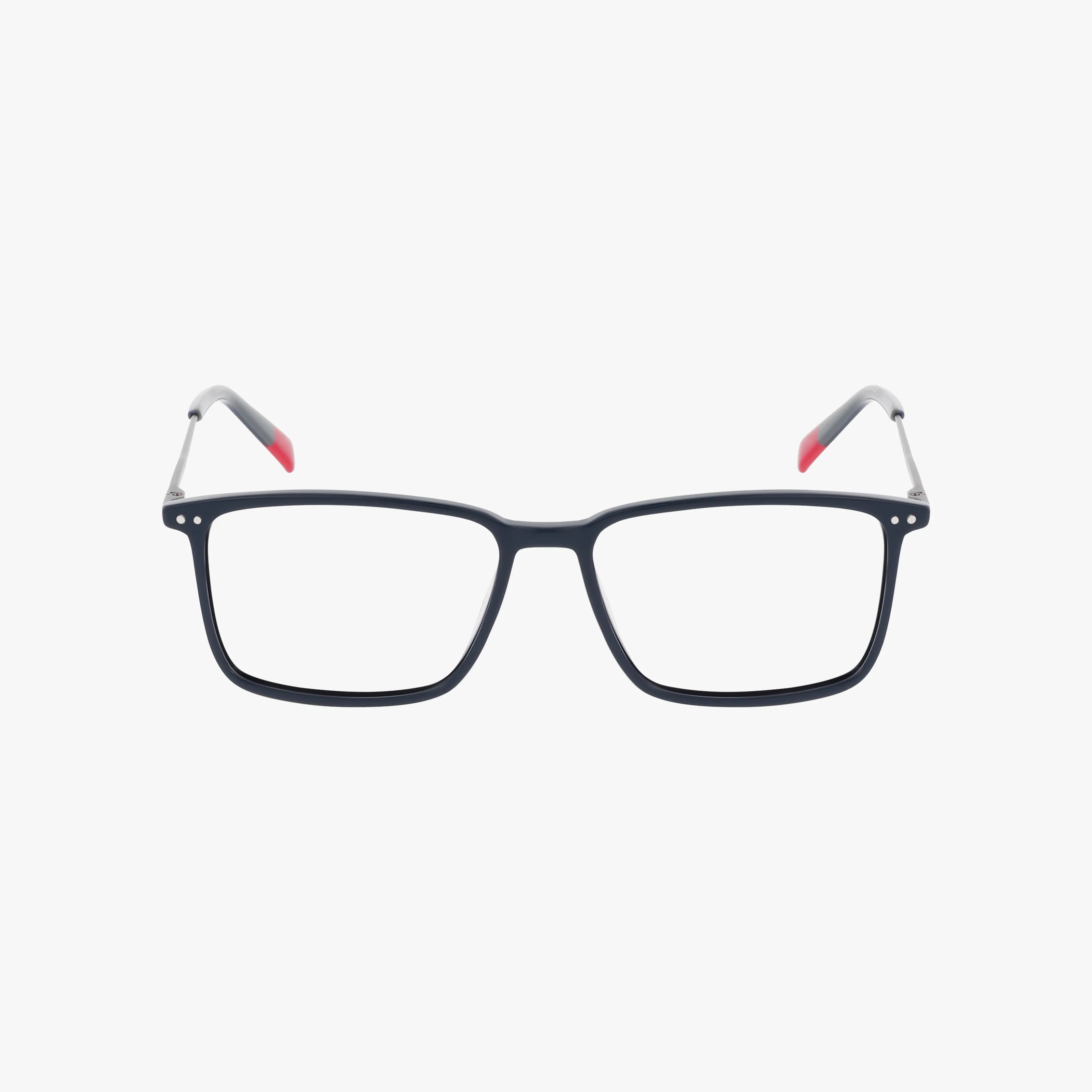 The ECKO703 features black rectangular eyeglasses with a unique frame, silver hinges, and red accents on the temple tips, displayed on a plain white background.