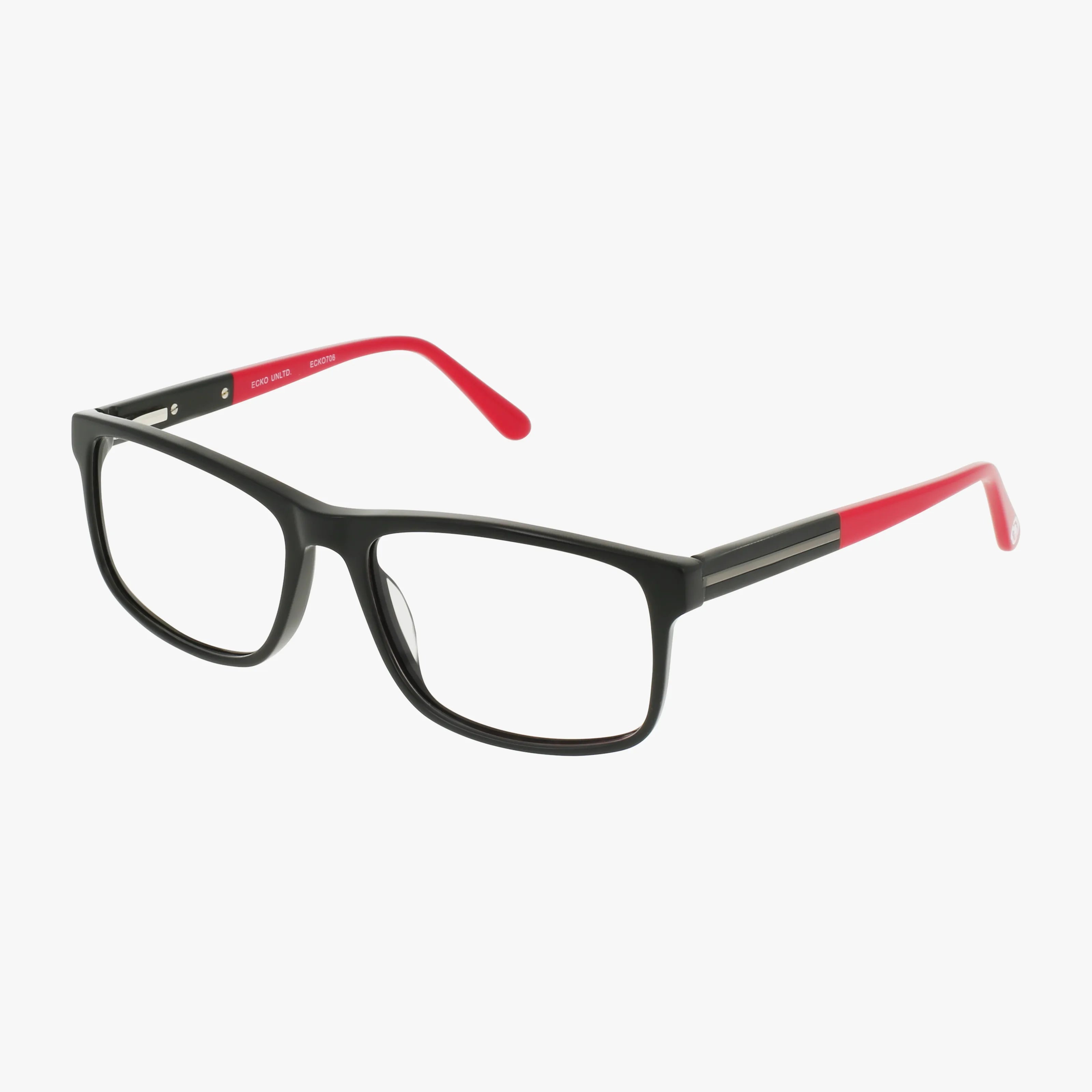 The ECKO706 eyeglasses feature a black rectangular frame with sleek design, red temple tips, and inner arms. Shown at a three-quarter angle on a white background, they offer a versatile style for any occasion.