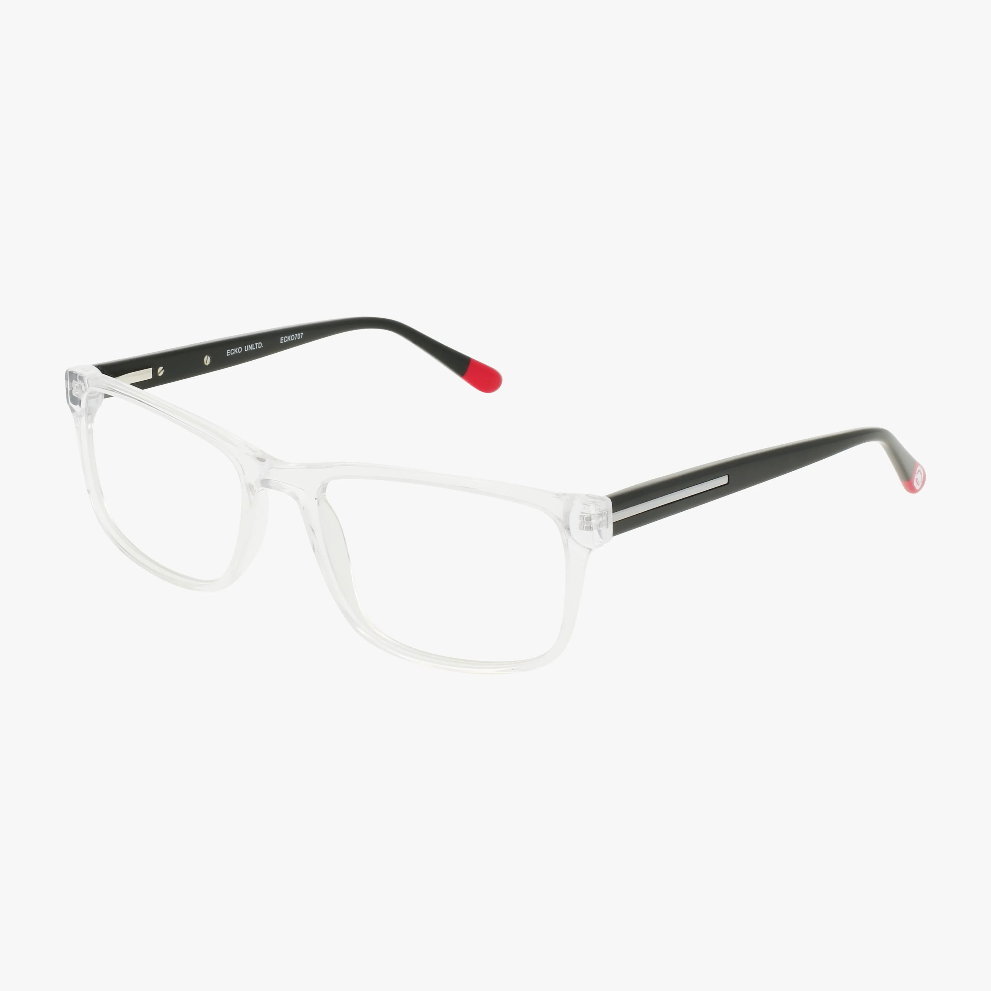ECKO707 rectangular eyeglasses feature clear frames, black arms with red tips, and blue light lenses. Their lightweight, minimalistic design is enhanced by thin metallic temple accents, shown against a white background.