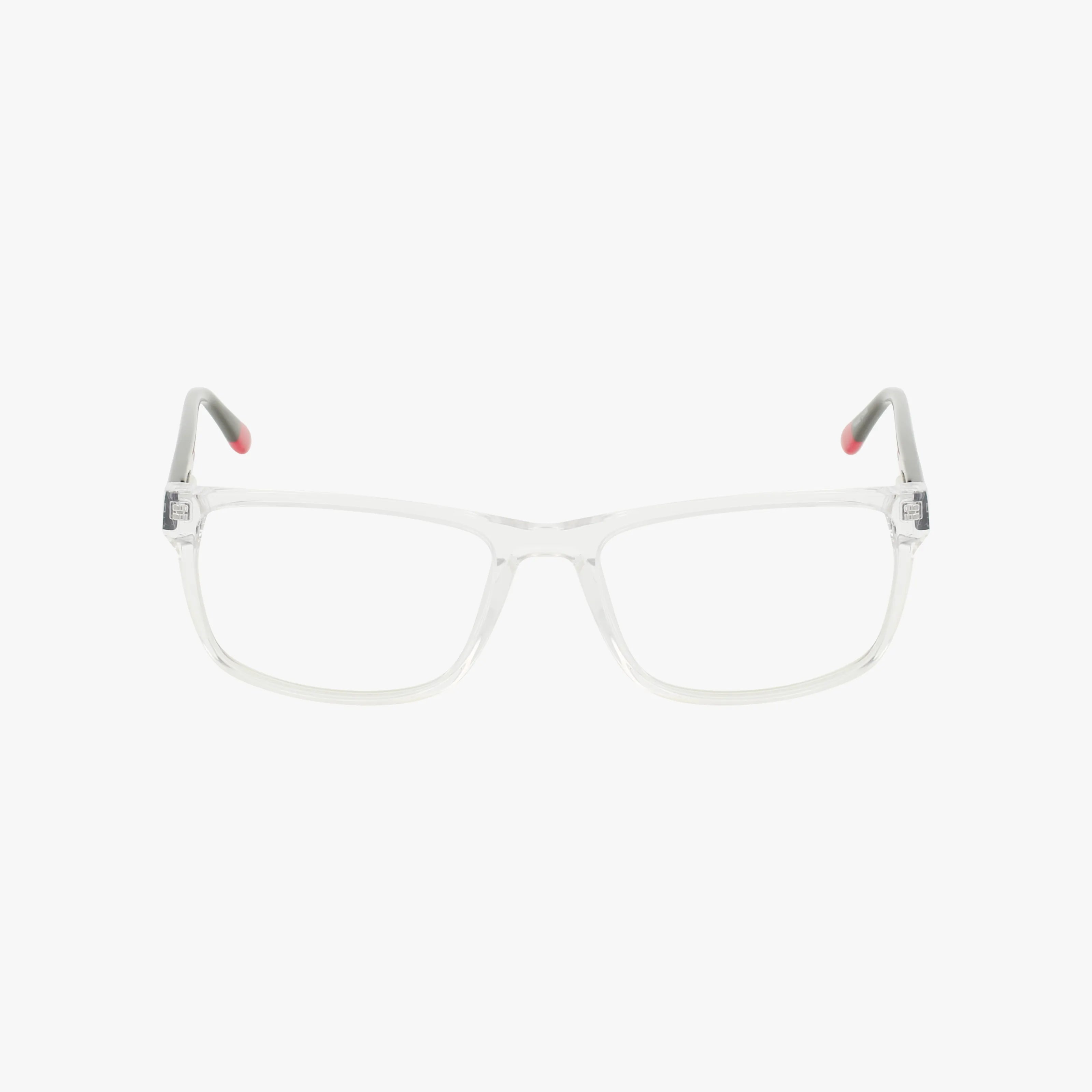 The ECKO707 eyeglasses feature clear, rectangular frames with slightly rounded edges and red-accented temple tips. Their lightweight design is shown front-facing on a plain white background, ideal for classic eyewear enthusiasts.