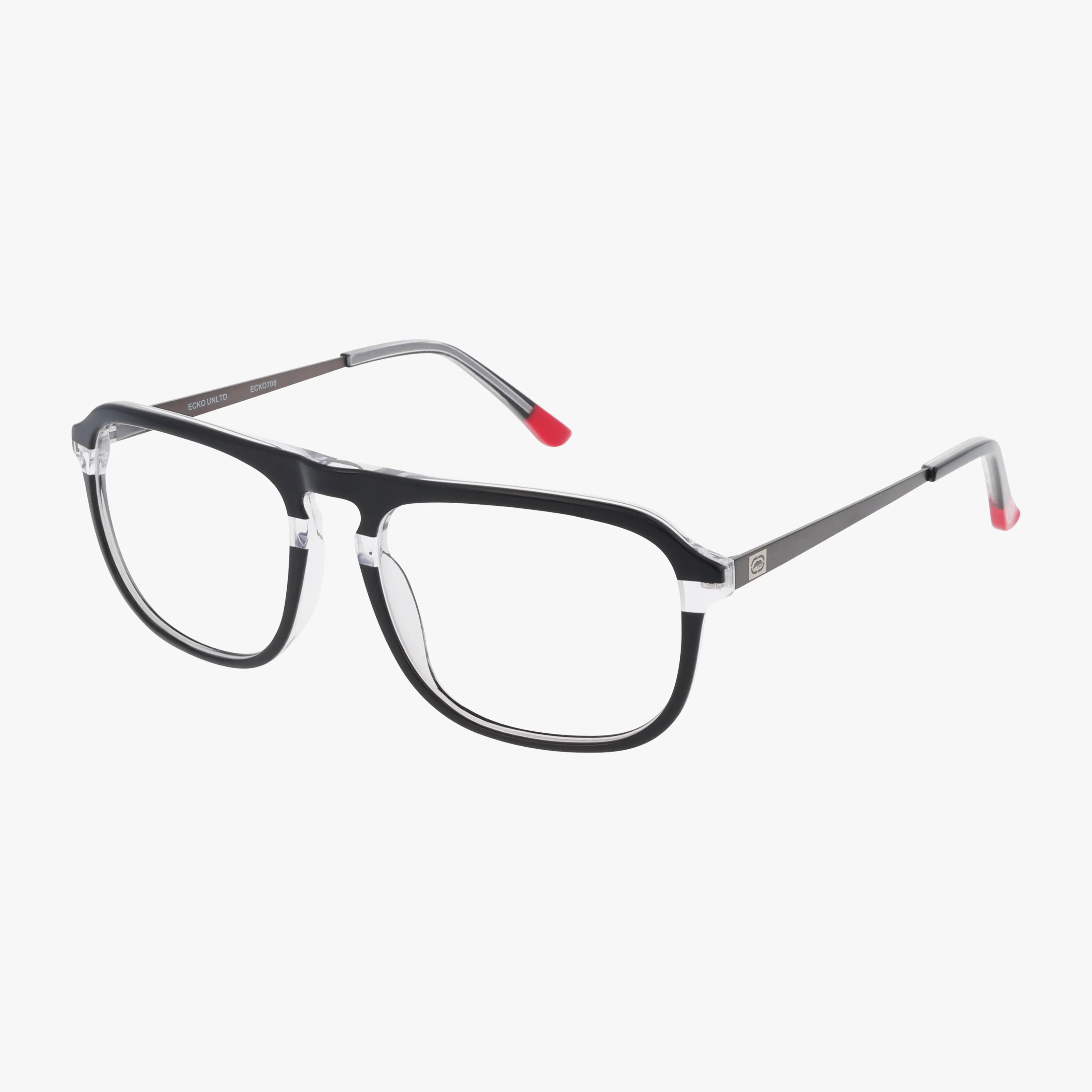 The ECKO708 features black rectangular frames with clear lower rims, silver metal temples, and red temple tips for a lightweight, daily-wear design, shown against a white background.