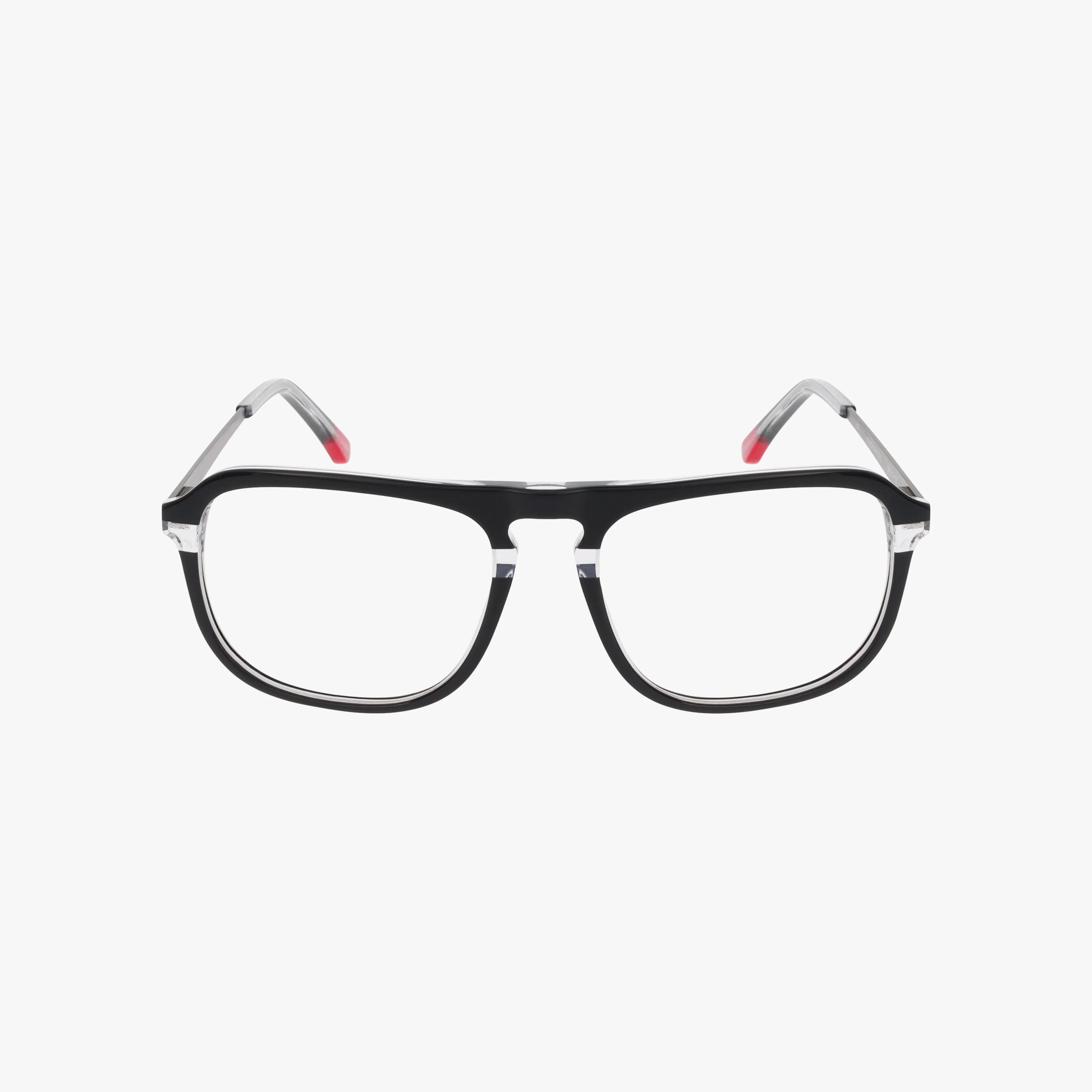 The ECKO708 features black rectangular frames with silver hinges and clear temple arms accented by red tips. Lightweight for comfortable daily wear, these eyeglasses are displayed on a plain white background.