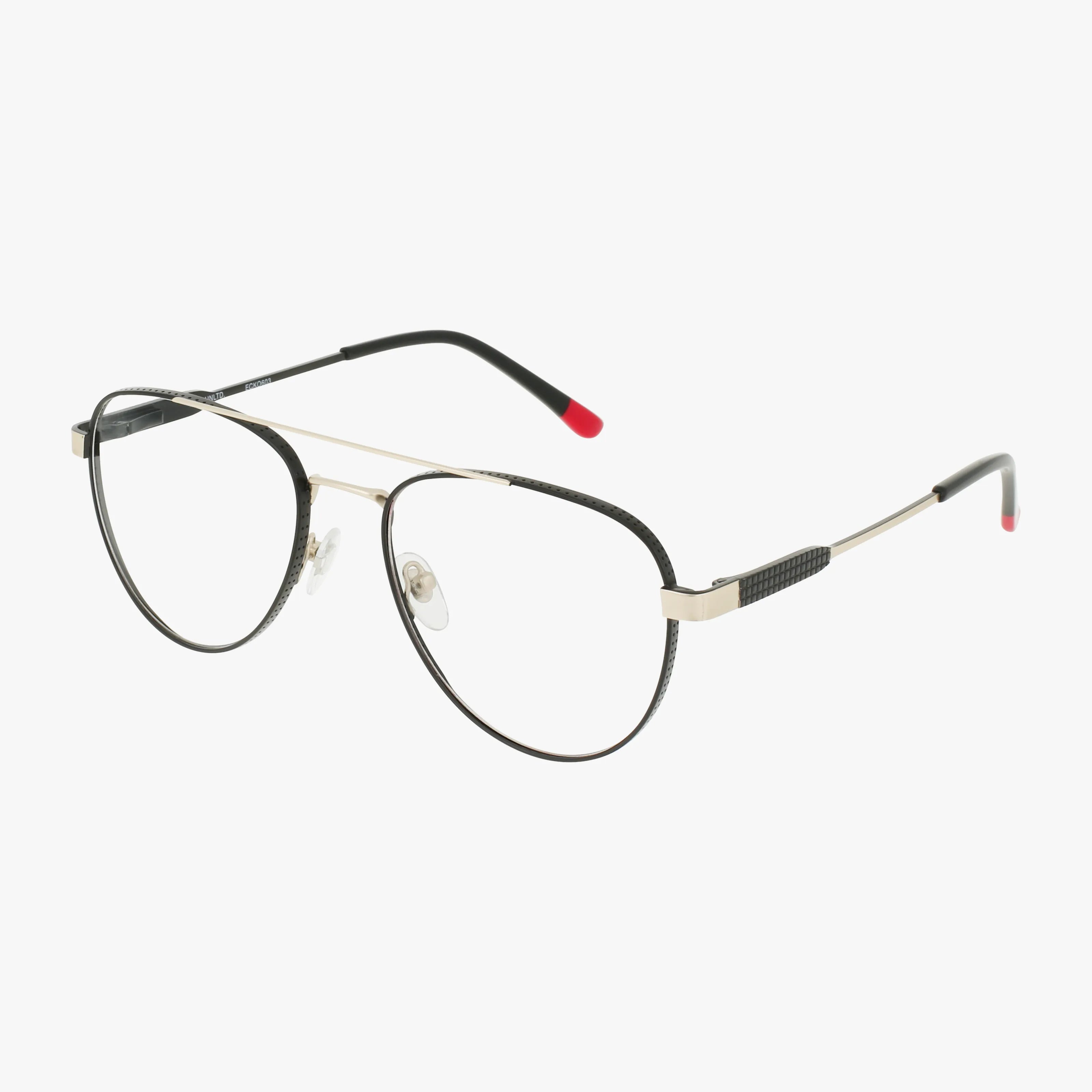 The ECKO603 features aviator-style thin metal frames with black rims, gold temples, and red tips—creating a versatile look perfect for prescription lenses.