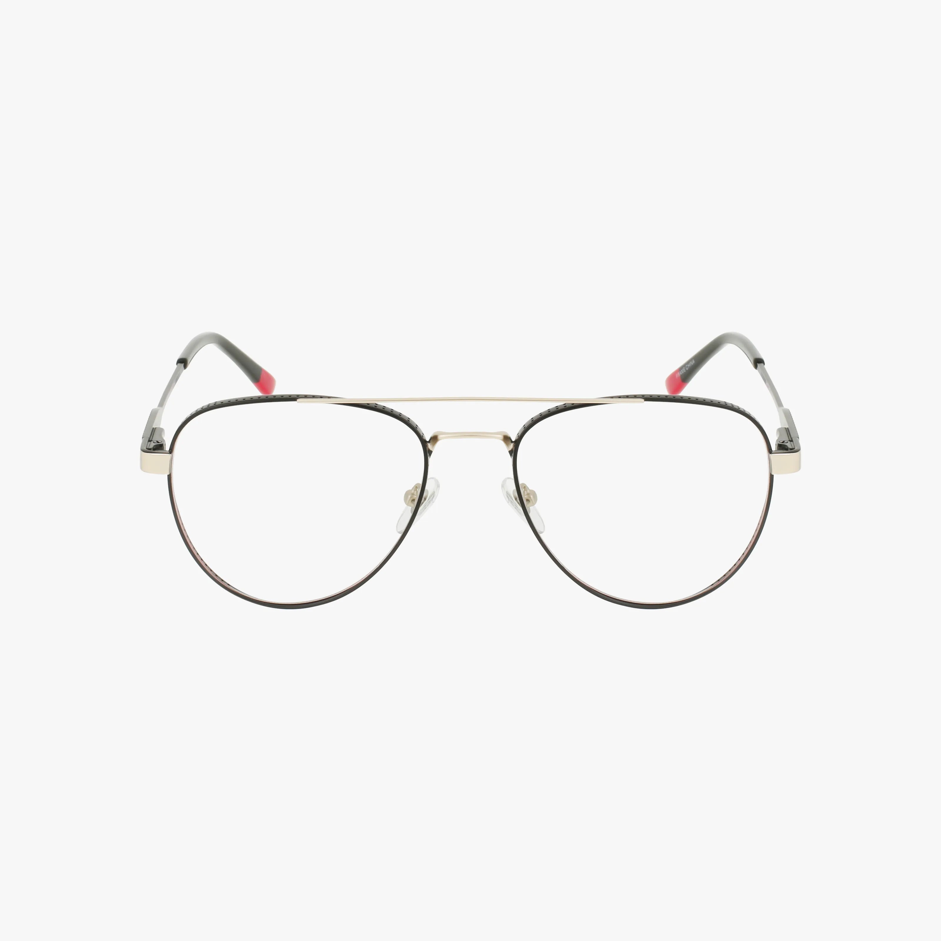 The ECKO603 features aviator-style frames in thin gold metal, clear or prescription lenses, adjustable nose pads, and gray temple arms with red tips, shown against a white background.