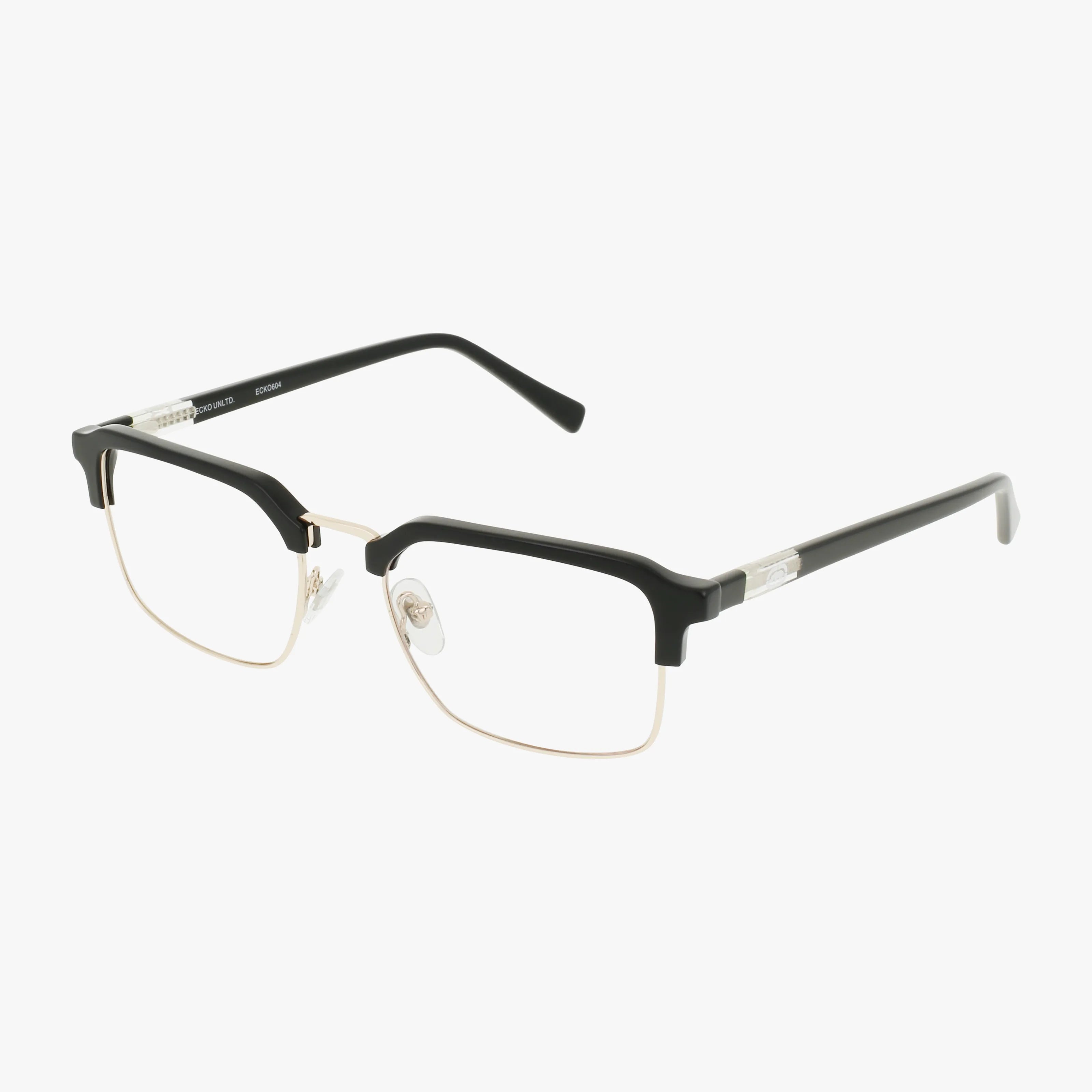 The ECKO604 is a pair of rectangular eyeglasses with a luxurious frame, black upper rims, gold lower rims, clear nose pads, and black temples—shown on a white background.