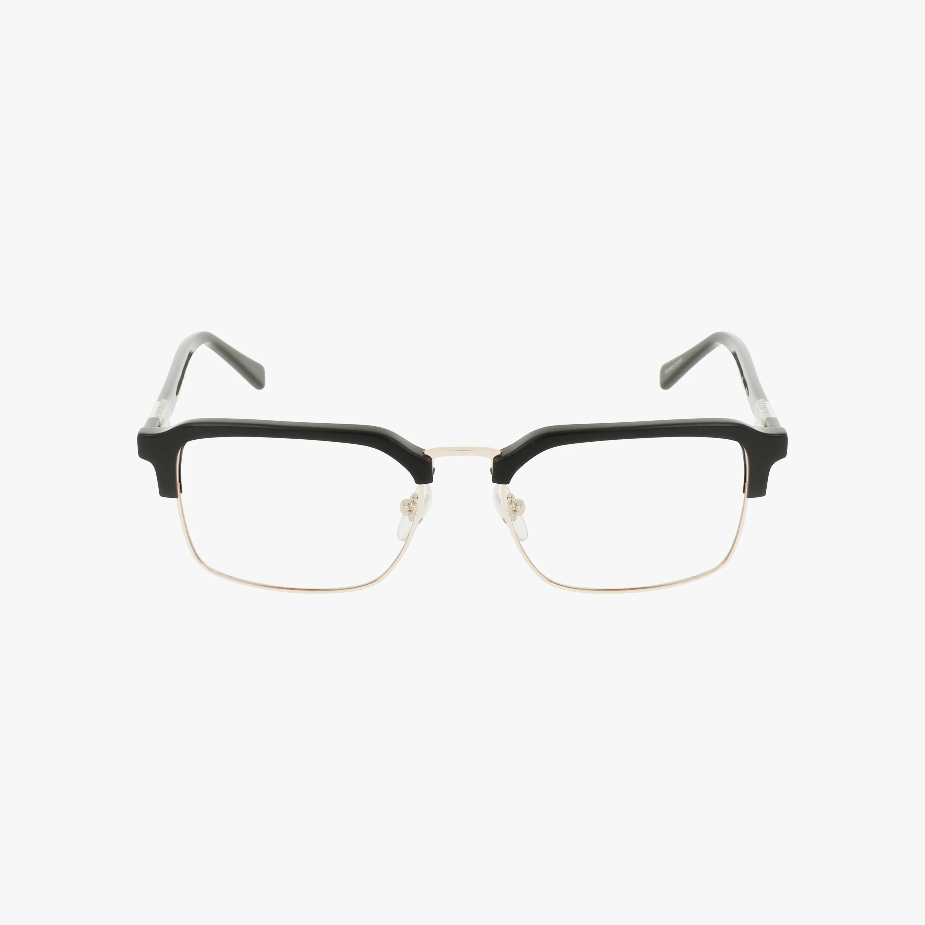 The ECKO604 is a pair of rectangular eyeglasses with black upper frames, clear nose pads, and gold lower rims and temples, showcasing quality craftsmanship and a luxurious frame design on a white background.