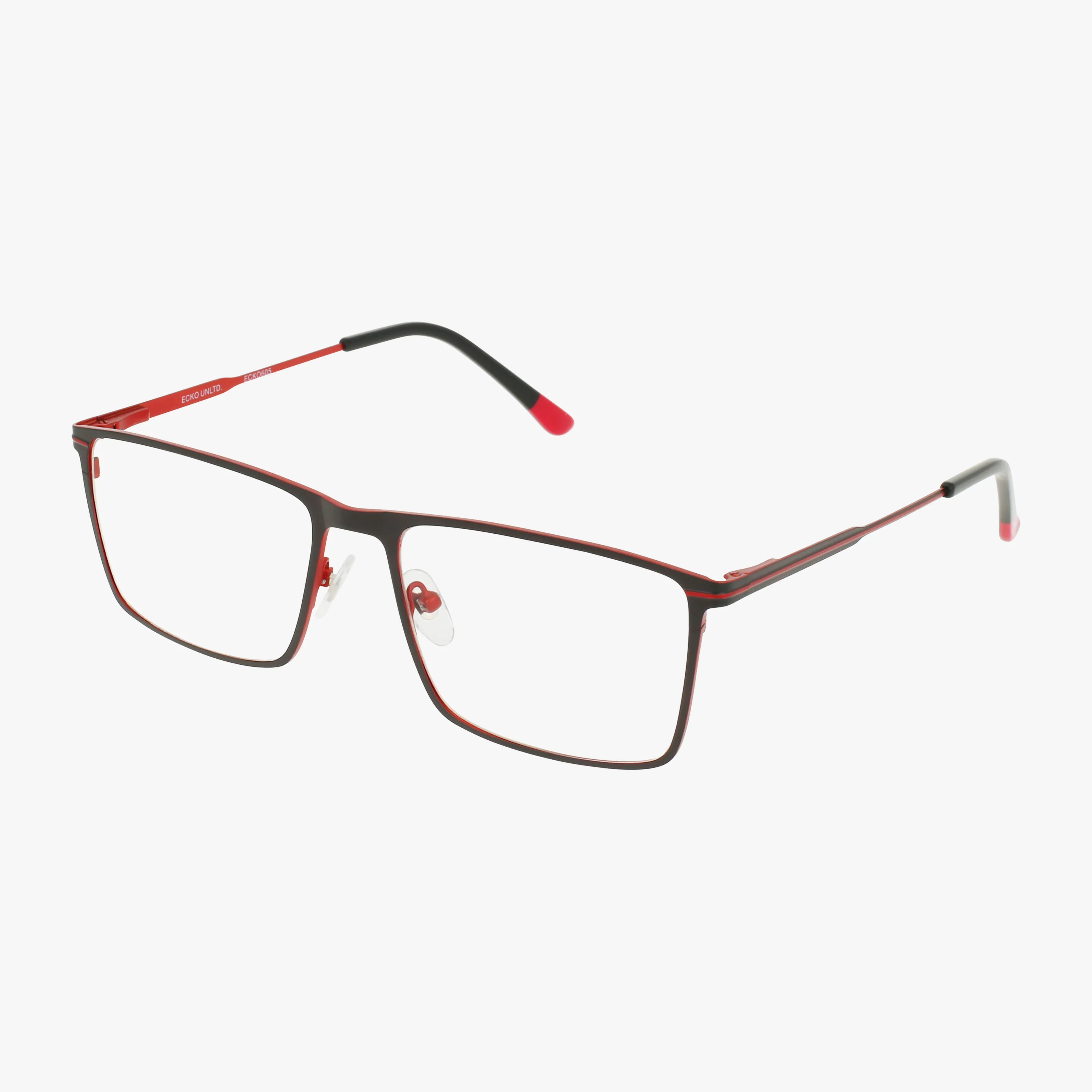 The ECKO605 eyeglasses feature a rectangular shape with a thin red metal frame, black and red temple tips, clear lenses, transparent adjustable nose pads for comfort, and a modern minimalist design.