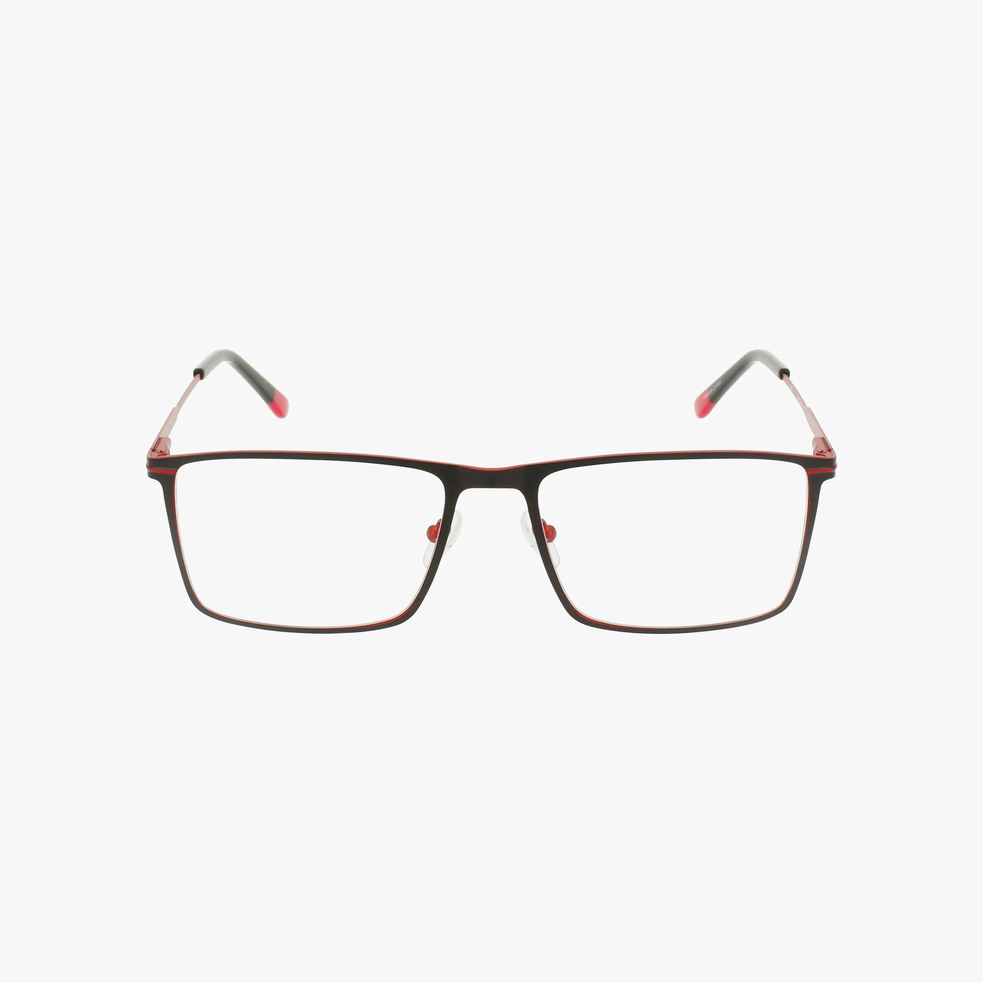 The ECKO605 features rectangular frames with subtle red accents and progressive lenses for clear vision, shown on a plain white background.
