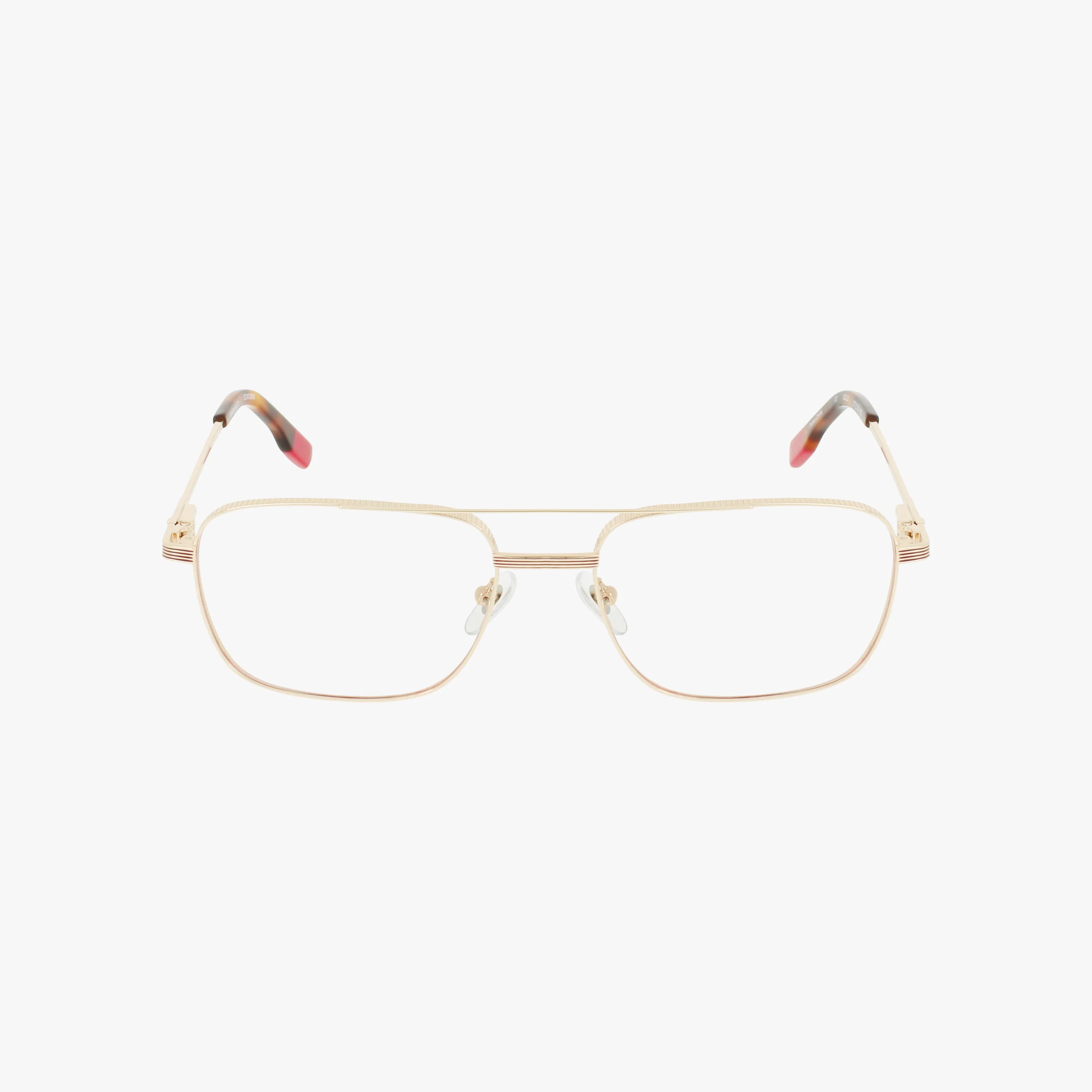 The ECKO606 features gold metal rectangular eyeglasses with clear lenses, thin frames, and subtly curved multicolored temple tips. Its tailored design stands out against a plain white background for a distinctive look.