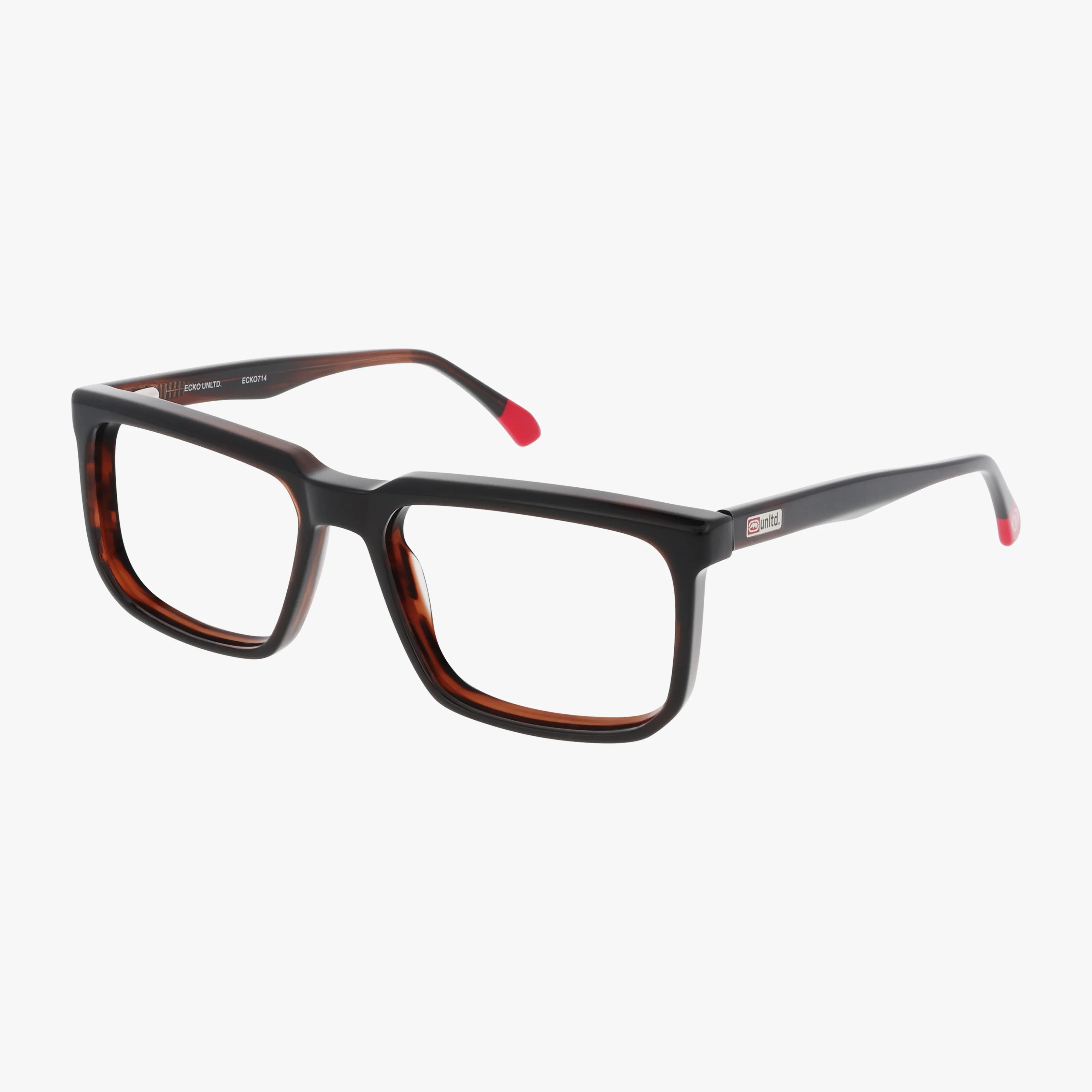 ECKO714 rectangular eyeglasses feature a dark tortoiseshell statement frame, wide arms with red tips, and a sturdy build, displayed on a white background.