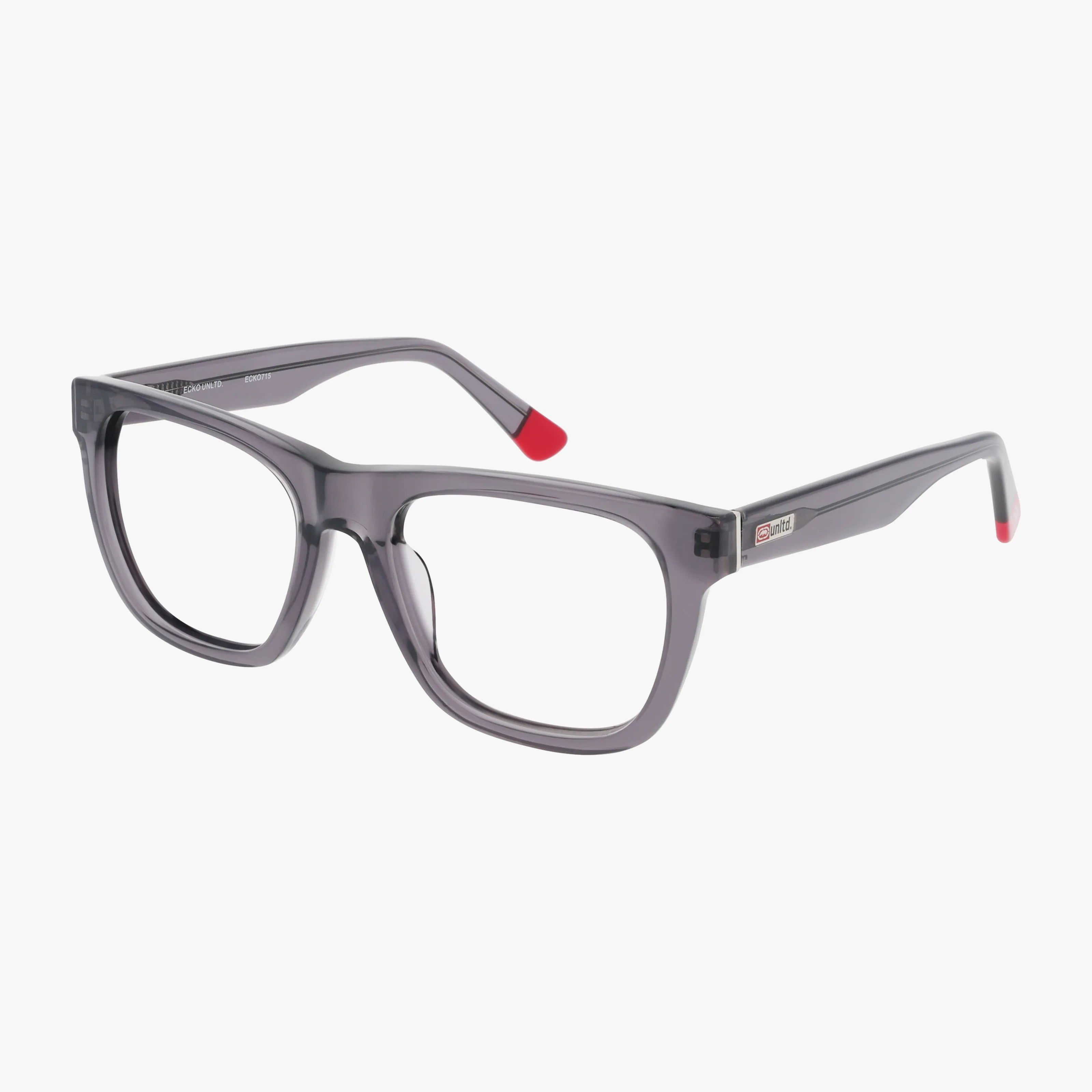 The ECKO715 features rectangular, transparent gray frames with thick temples. Stylish and modern, these eyeglasses are accented by small red tips on the temple arms, merging classic design with a contemporary touch.