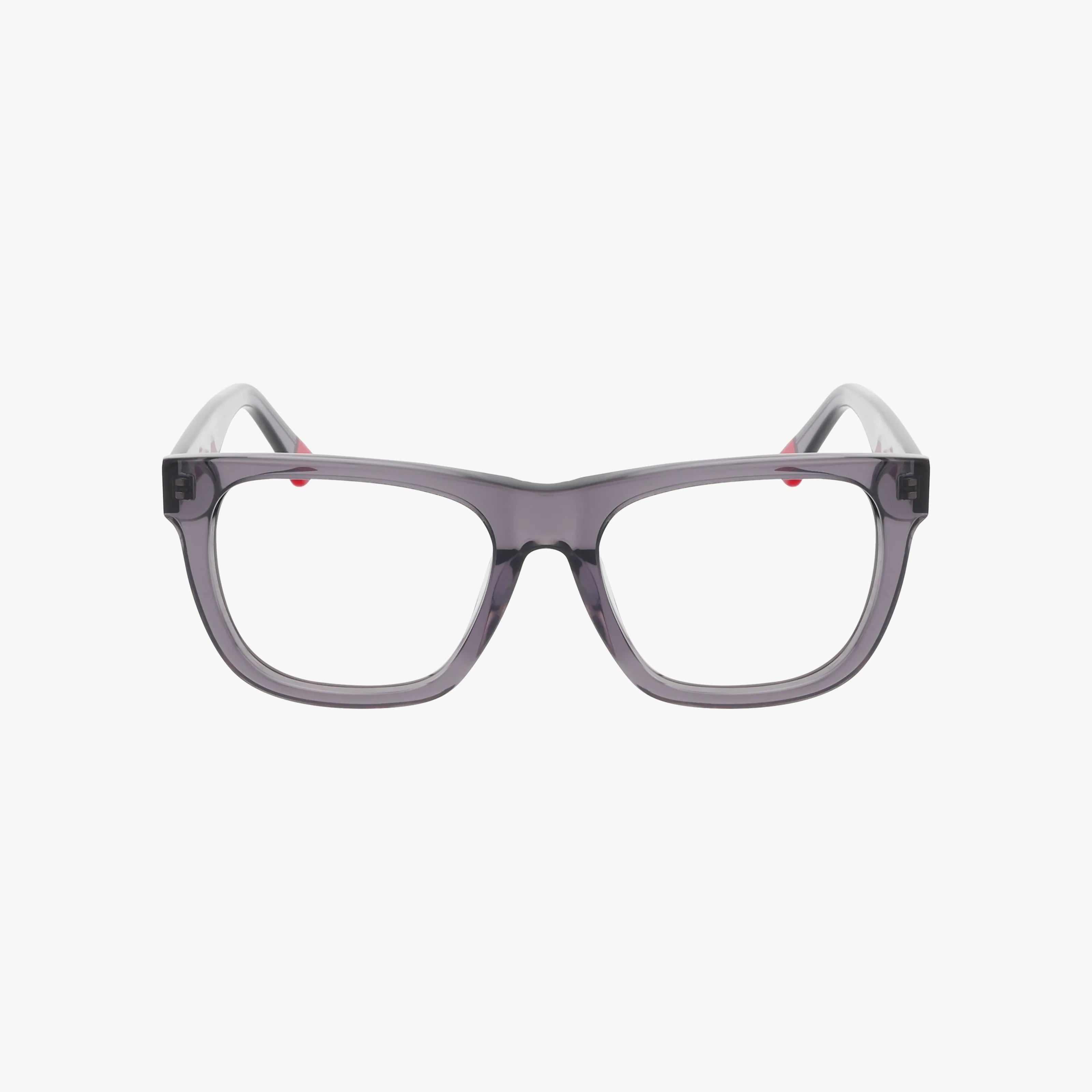 The ECKO715 features gray translucent rectangular eyeglasses with thick, slightly rounded frames made from modern materials, displayed against a plain white background.