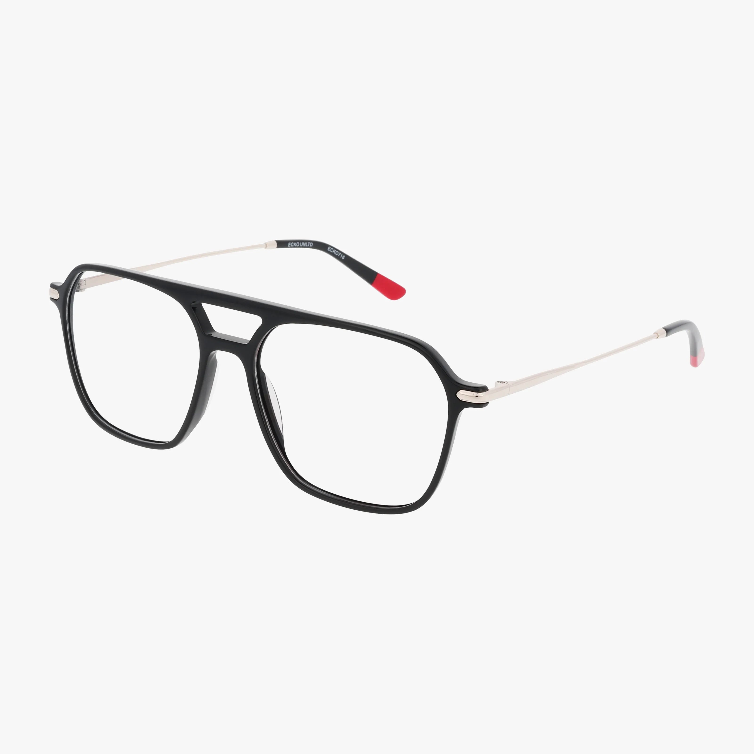 The ECKO716 features black-rimmed aviator-style eyeglasses with a polished frame, thin metallic arms, red-tipped ends, and a double bridge, combining durability and style—all showcased on a white background.