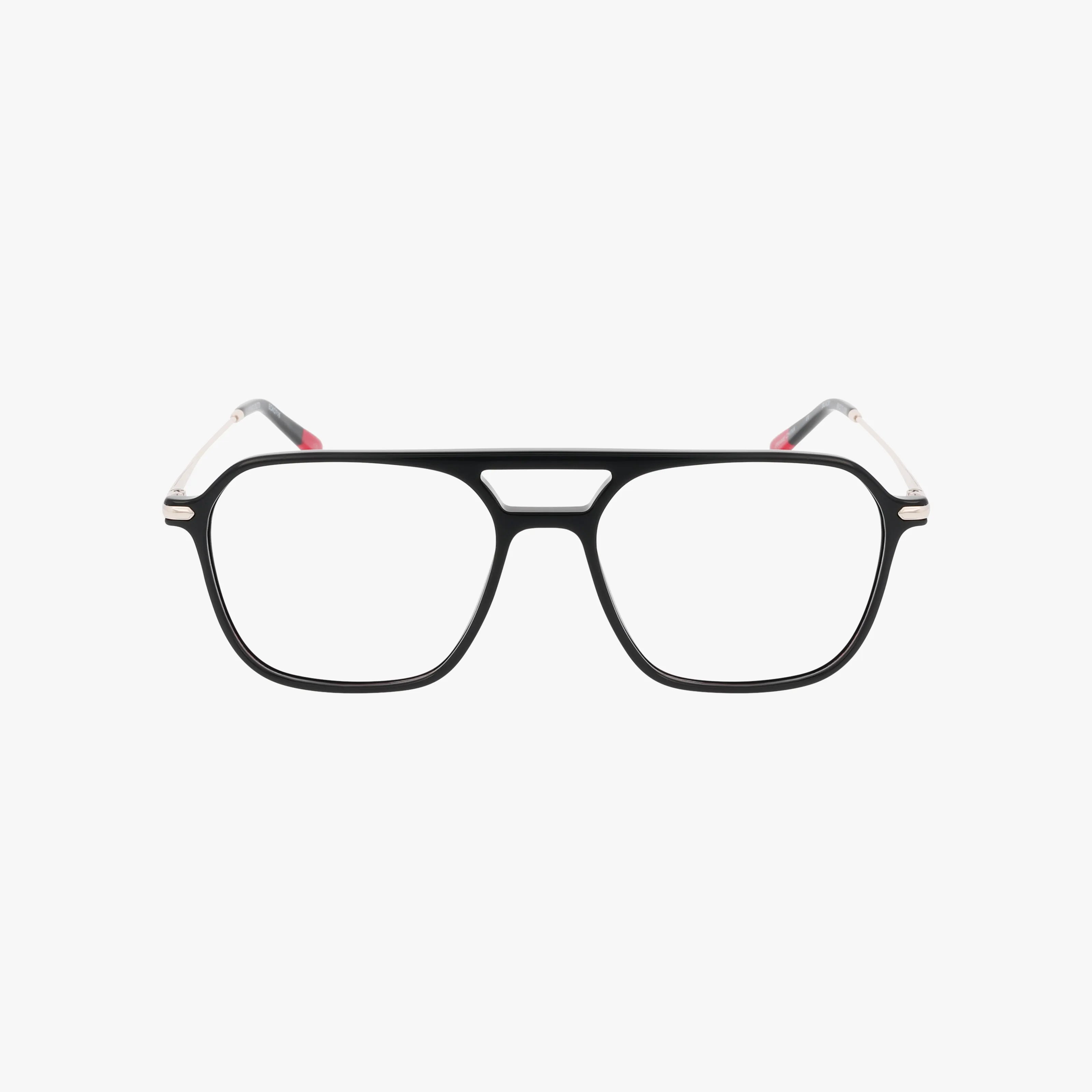 ECKO716: Black rectangular eyeglasses with a double bridge and clear temples, featuring a polished frame for added style, shown front-facing on a white background.