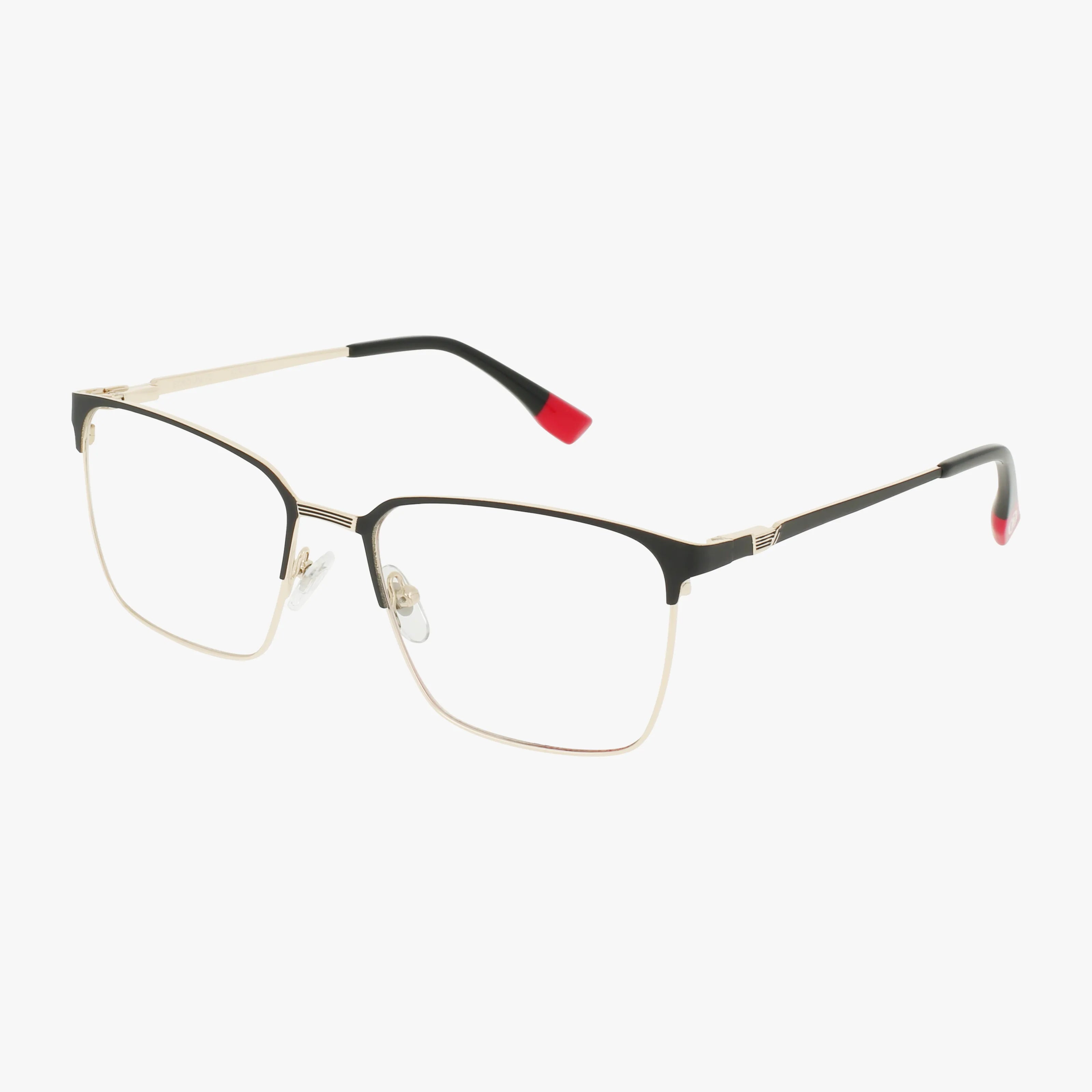 The ECKO609 features rectangular eyeglasses with thin gold metal rims, black upper frames and temples, black temple tips with red accents, and clear nose pads for a stylish yet sturdy look.