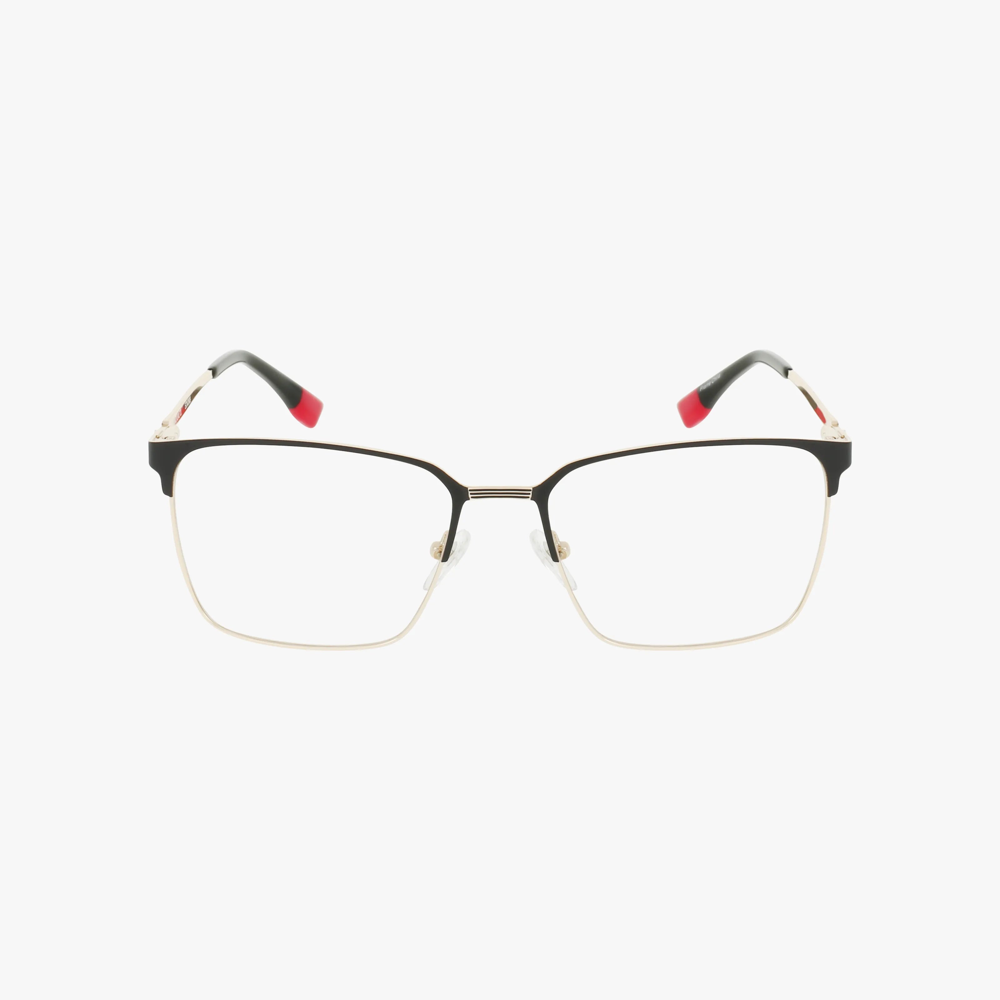 The ECKO609 features rectangular thin metal frames with black upper rims, gold lower rims, and Transitions lenses. The black temple arms are accented with red tips for added style.