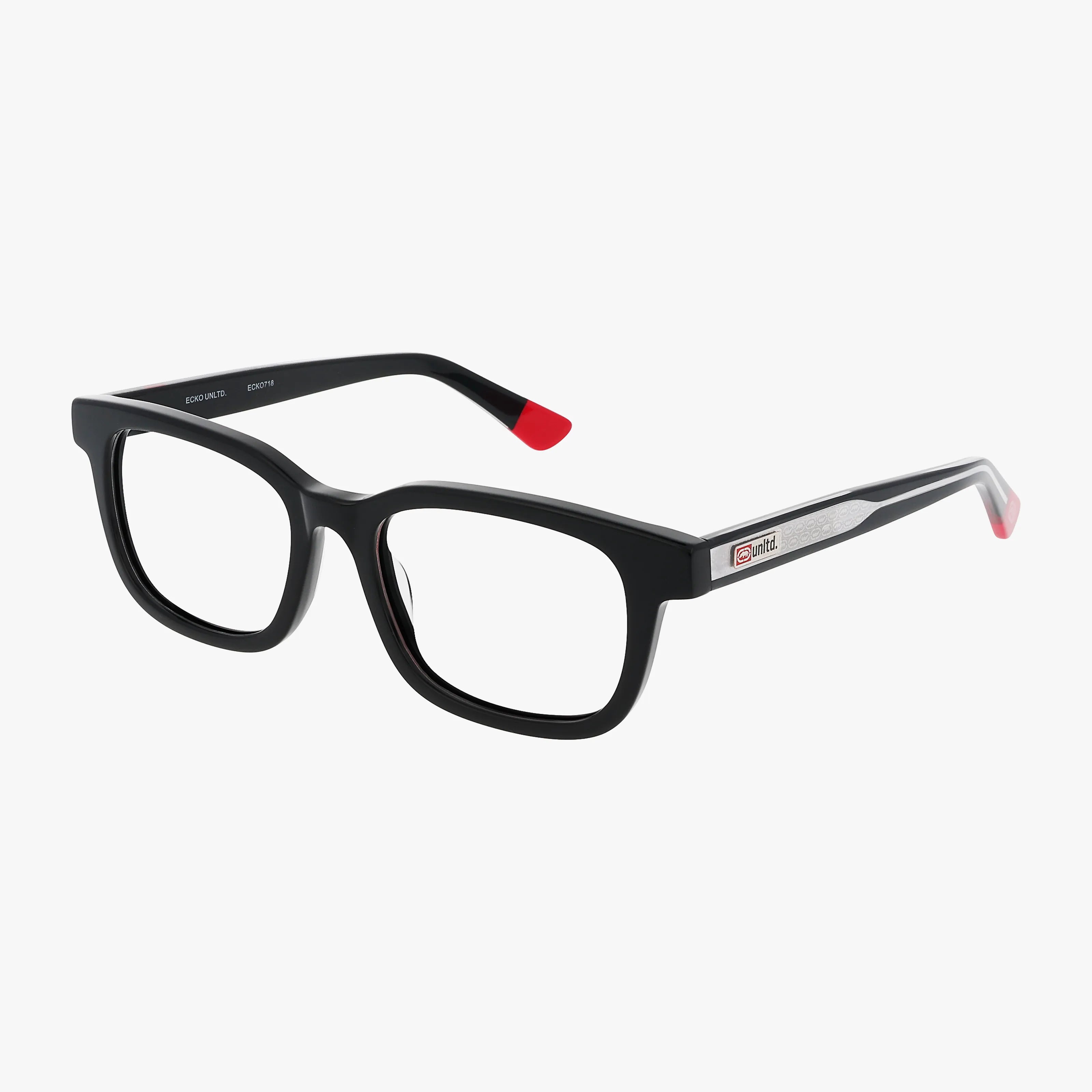 The ECKO718 eyeglasses feature a black rectangular frame with modern styling, silver accents on the arms, and red highlights on the temple tips, displayed against a white background.