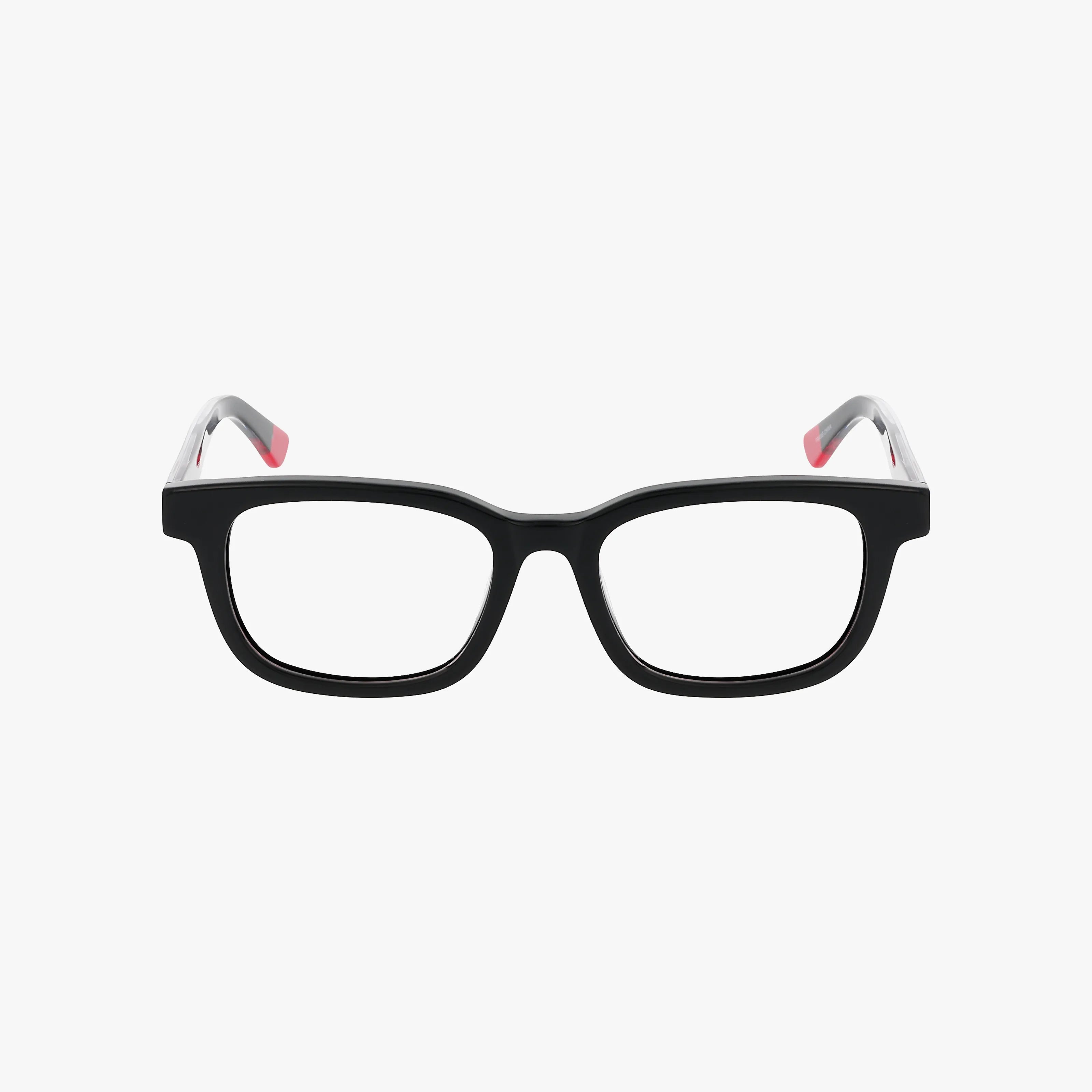 The ECKO718 is a pair of rectangular black eyeglasses with clear temples and pink accents on the inner tips, featuring a modern prescription-ready frame, displayed on a white background.