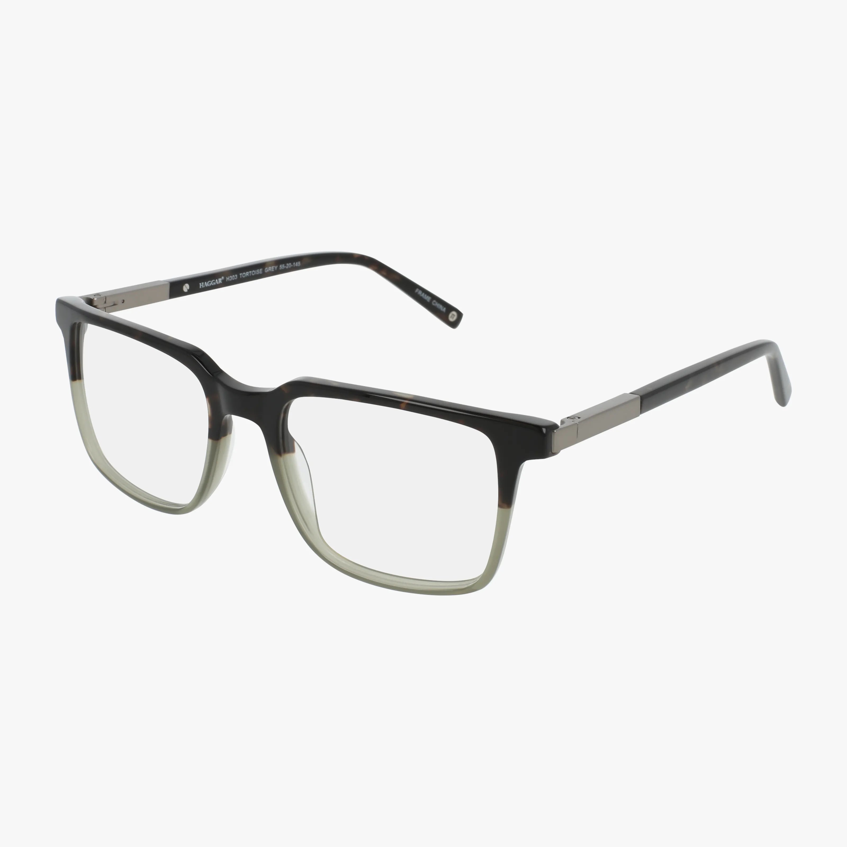 The H303 rectangular eyeglasses feature a stylish frame—black at the top fading to translucent light, silver hinges, and straight thin temples. Made from modern materials, they offer standout quality and contemporary flair.
